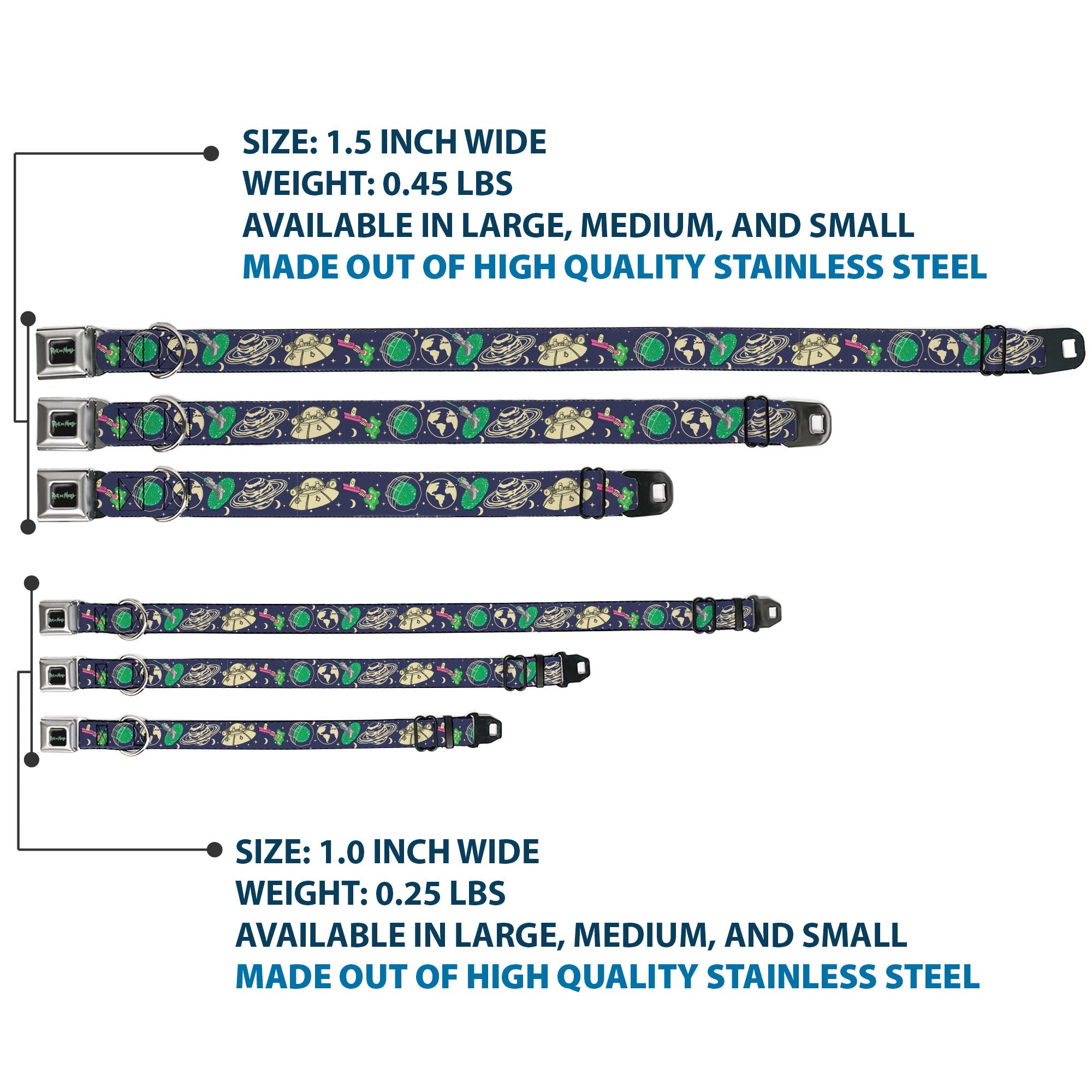 RICK AND MORTY Text Logo Full Color Black/Blue Seatbelt Buckle Collar - Rick and Morty Portal and Space Icons Collage Blue/Beige/Greens Seatbelt Buckle Collars Rick and Morty