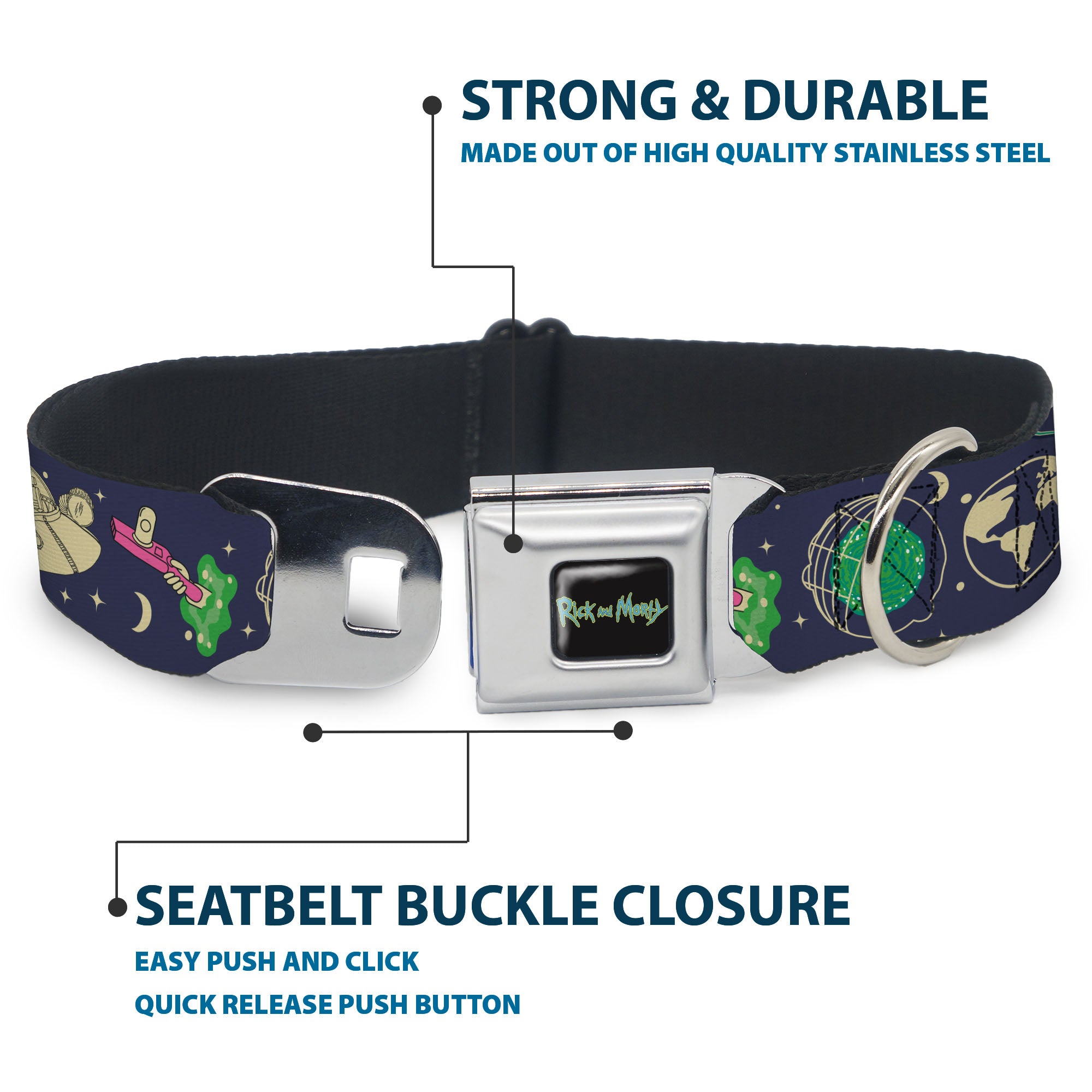 RICK AND MORTY Text Logo Full Color Black/Blue Seatbelt Buckle Collar - Rick and Morty Portal and Space Icons Collage Blue/Beige/Greens Seatbelt Buckle Collars Rick and Morty