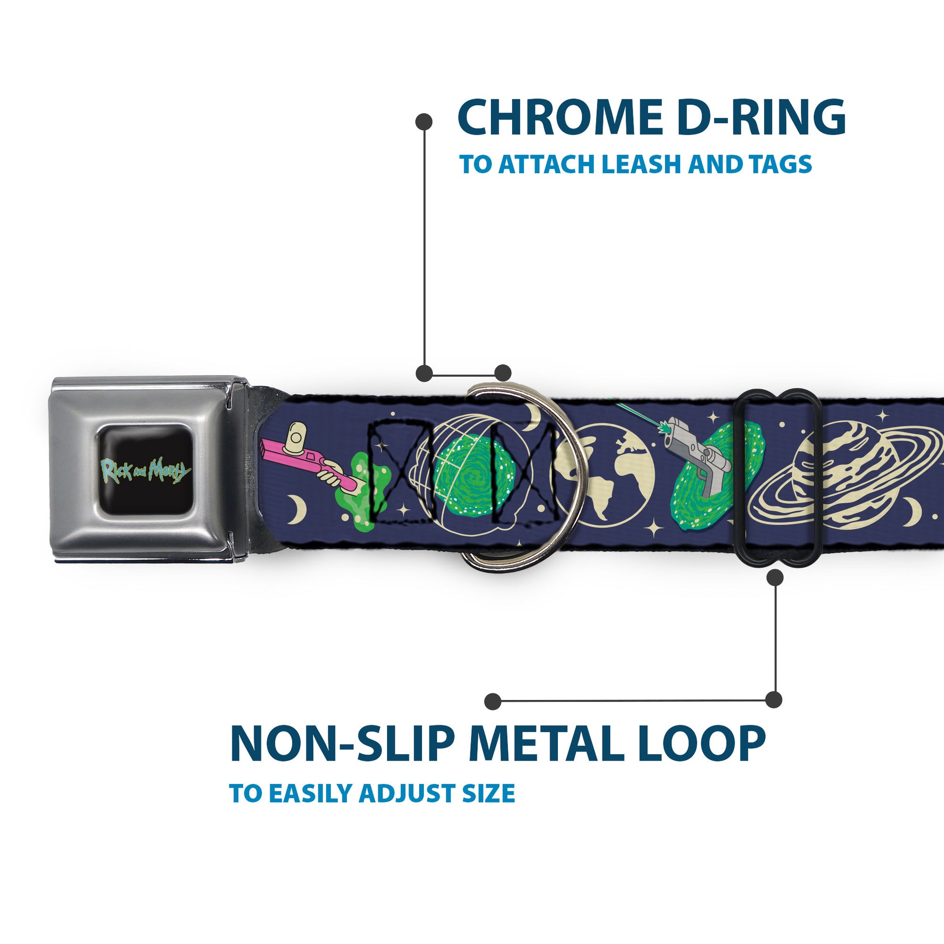 RICK AND MORTY Text Logo Full Color Black/Blue Seatbelt Buckle Collar - Rick and Morty Portal and Space Icons Collage Blue/Beige/Greens Seatbelt Buckle Collars Rick and Morty