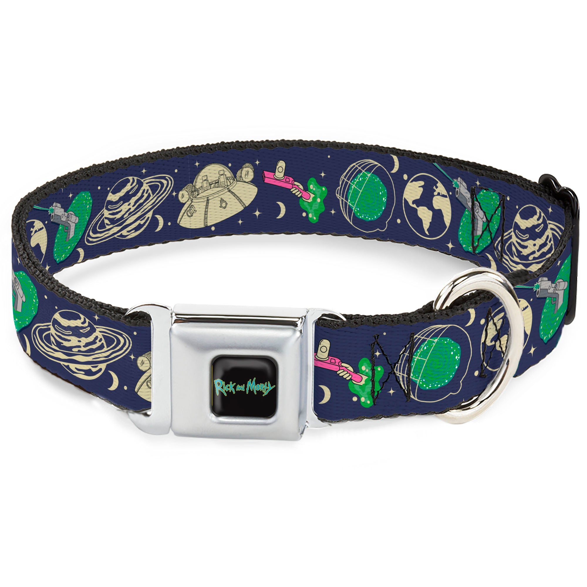 RICK AND MORTY Text Logo Full Color Black/Blue Seatbelt Buckle Collar - Rick and Morty Portal and Space Icons Collage Blue/Beige/Greens Seatbelt Buckle Collars Rick and Morty