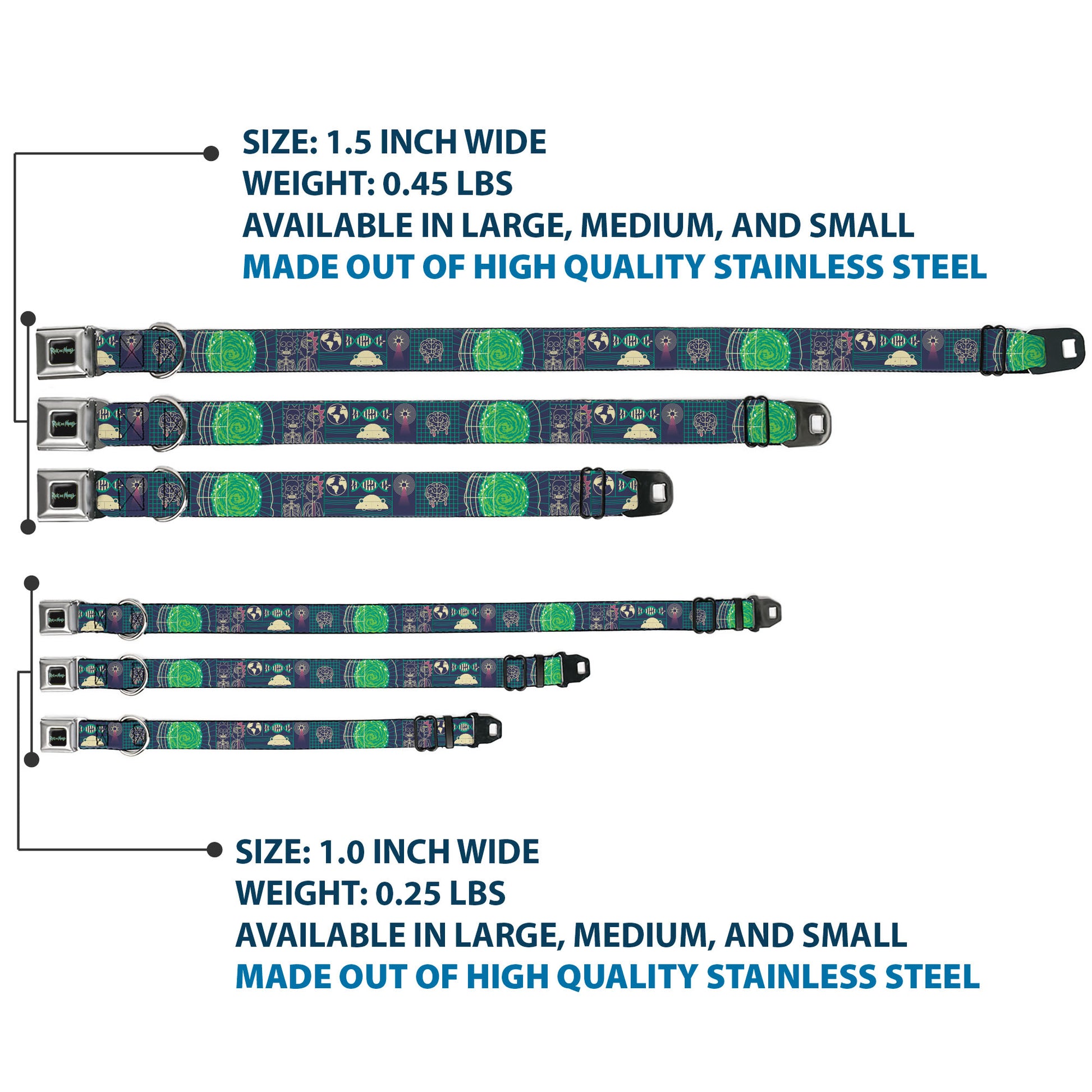 RICK AND MORTY Text Logo Full Color Black/Blue Seatbelt Buckle Collar - Rick and Morty Dimensional Portal Icons Collage Navy/Greens Seatbelt Buckle Collars Rick and Morty