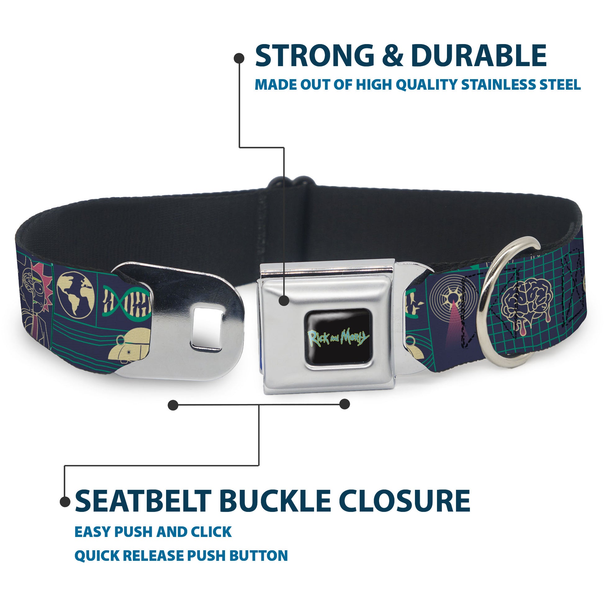 RICK AND MORTY Text Logo Full Color Black/Blue Seatbelt Buckle Collar - Rick and Morty Dimensional Portal Icons Collage Navy/Greens Seatbelt Buckle Collars Rick and Morty