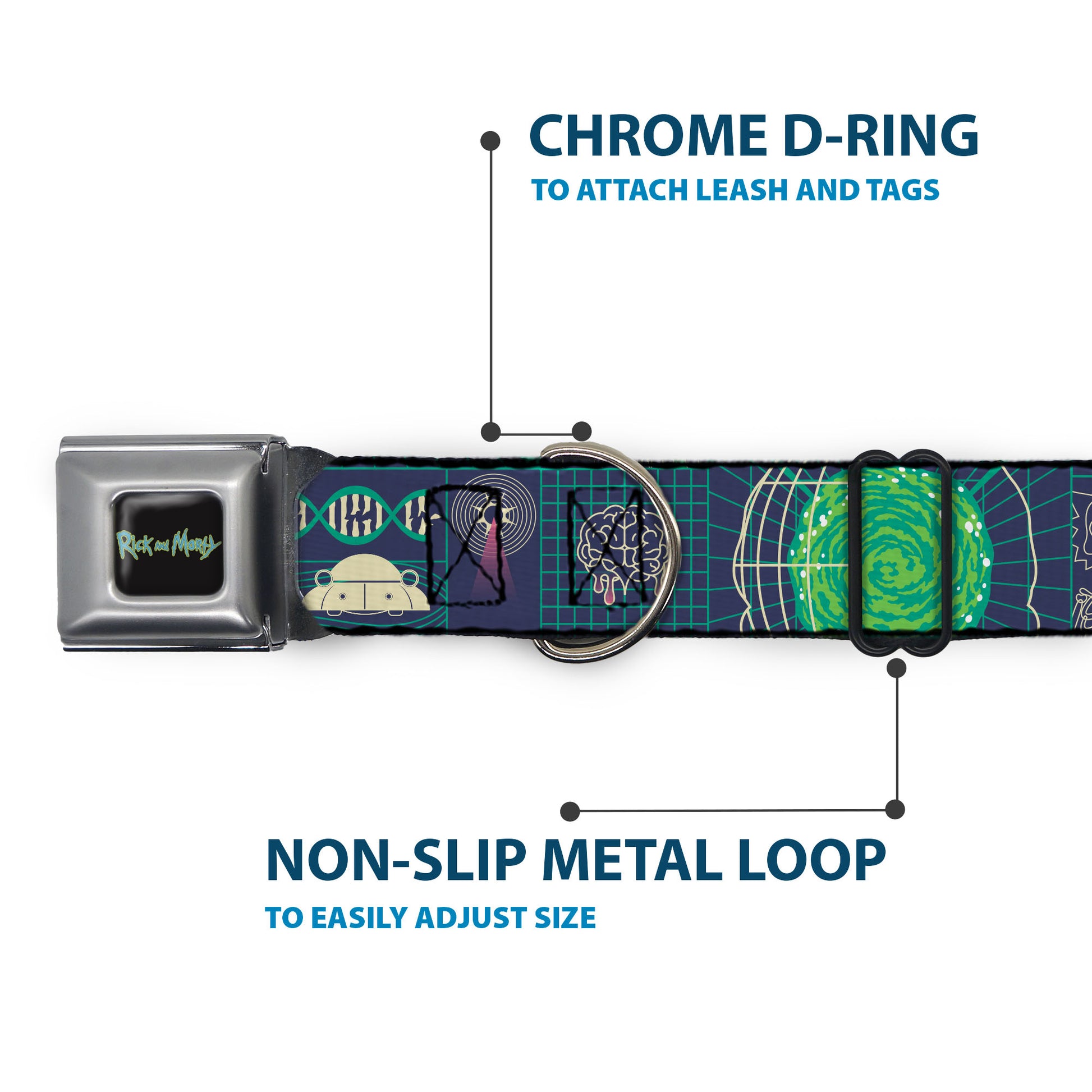 RICK AND MORTY Text Logo Full Color Black/Blue Seatbelt Buckle Collar - Rick and Morty Dimensional Portal Icons Collage Navy/Greens Seatbelt Buckle Collars Rick and Morty