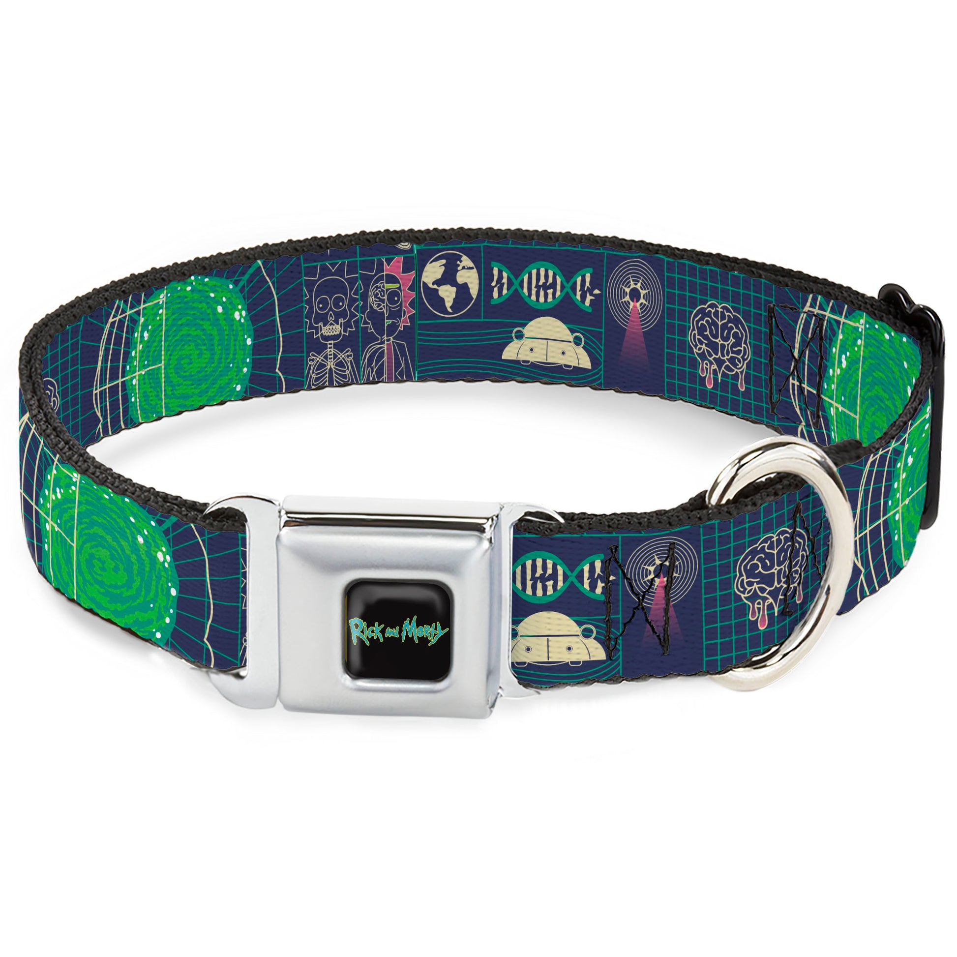 RICK AND MORTY Text Logo Full Color Black/Blue Seatbelt Buckle Collar - Rick and Morty Dimensional Portal Icons Collage Navy/Greens Seatbelt Buckle Collars Rick and Morty