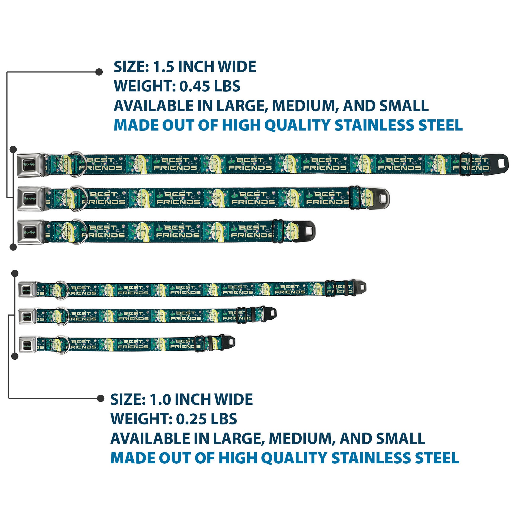 RICK AND MORTY Text Logo Full Color Black/Blue Seatbelt Buckle Collar - Rick and Morty Space Beth BEST FRIENDS Split Pose BlueGreens Seatbelt Buckle Collars Rick and Morty
