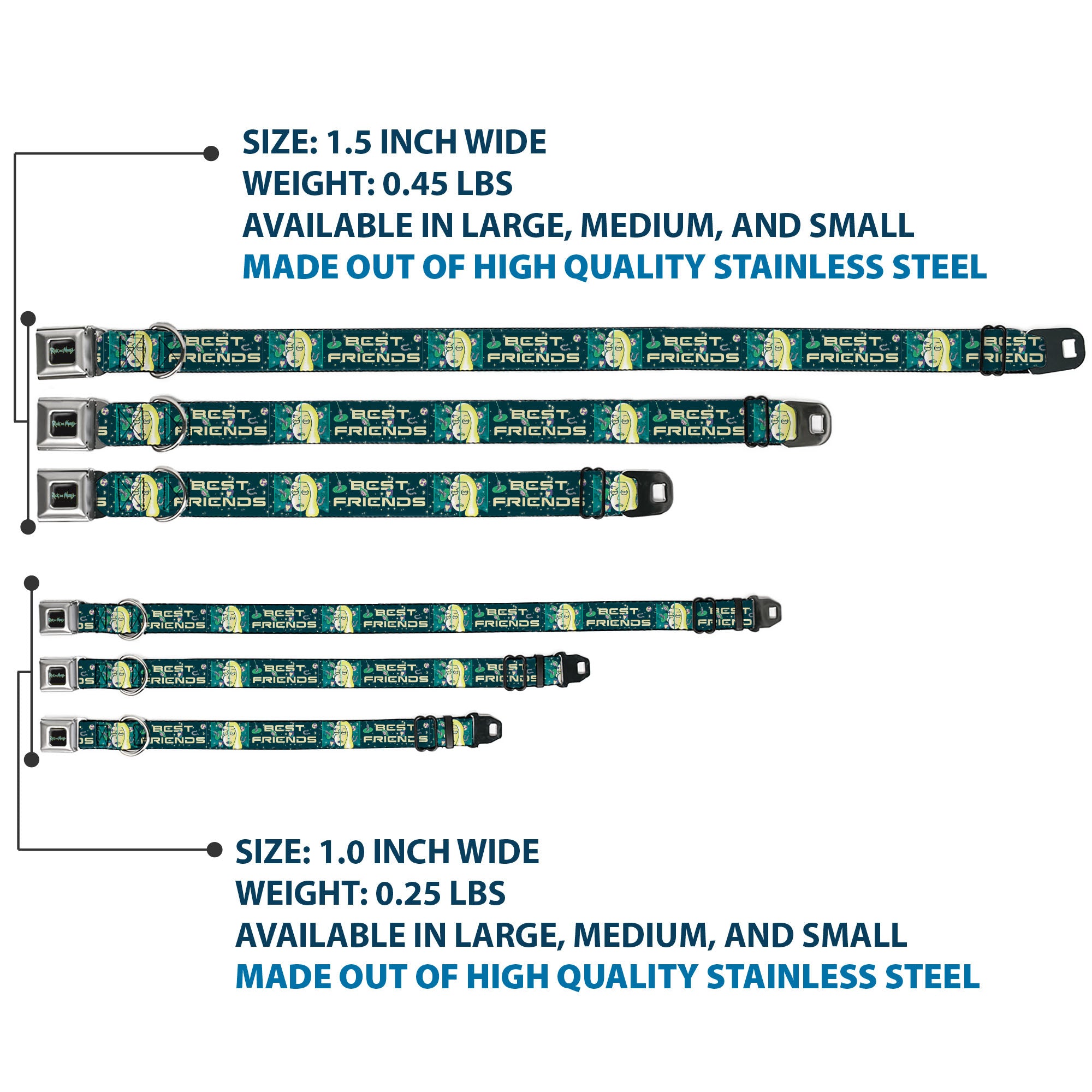 RICK AND MORTY Text Logo Full Color Black/Blue Seatbelt Buckle Collar - Rick and Morty Space Beth BEST FRIENDS Split Pose BlueGreens Seatbelt Buckle Collars Rick and Morty