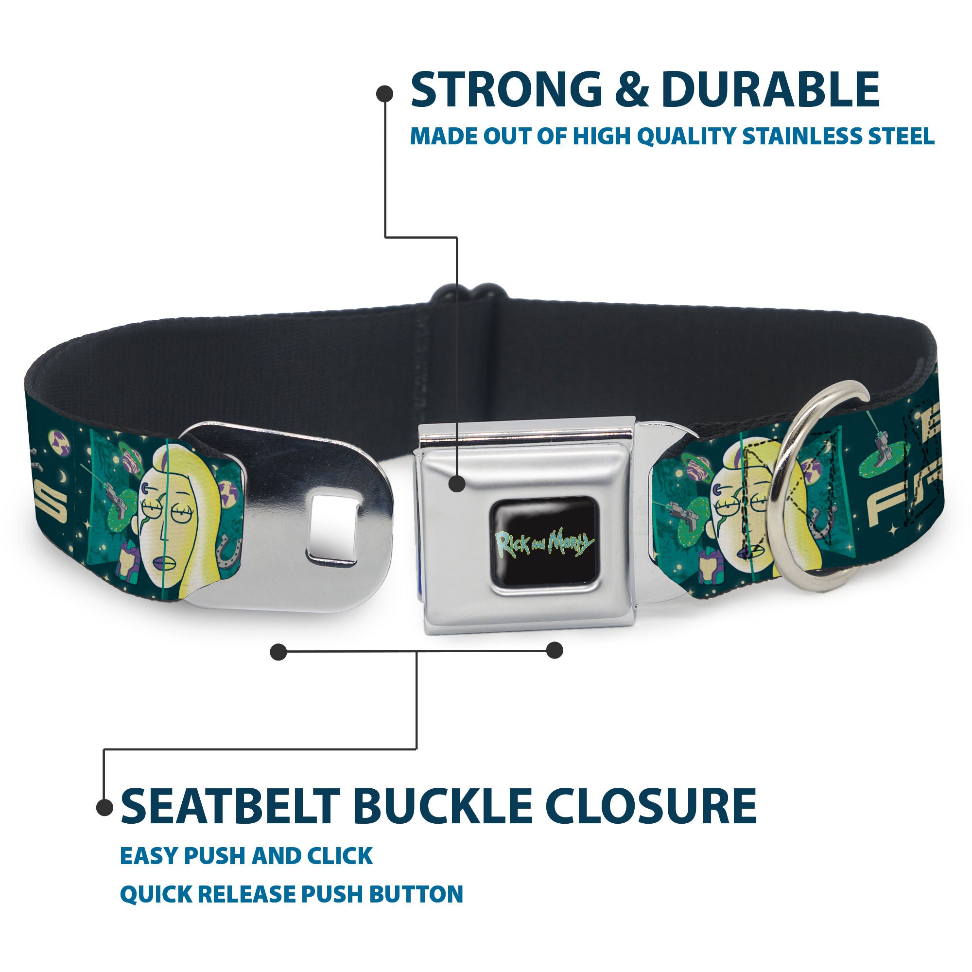 RICK AND MORTY Text Logo Full Color Black/Blue Seatbelt Buckle Collar - Rick and Morty Space Beth BEST FRIENDS Split Pose BlueGreens Seatbelt Buckle Collars Rick and Morty
