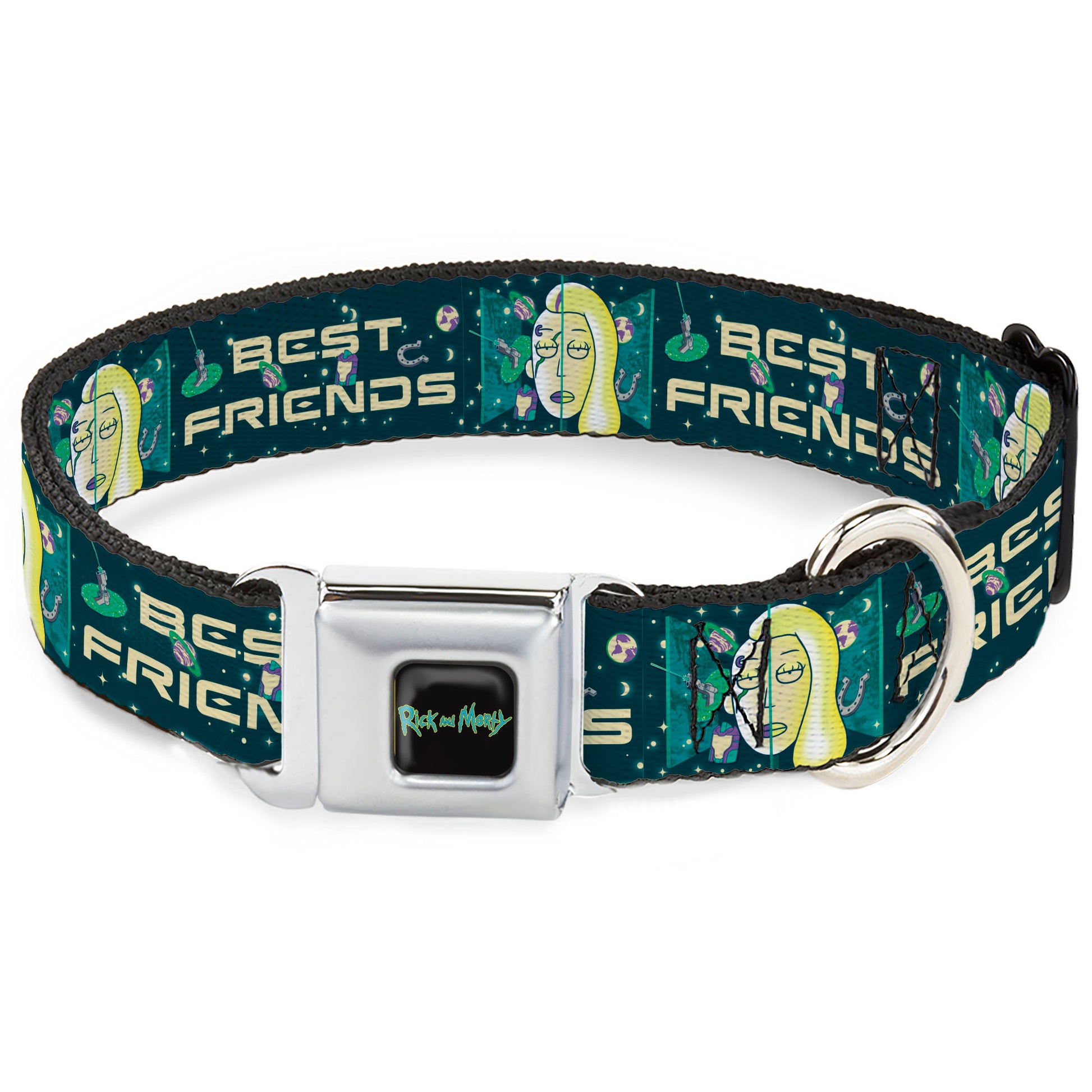 RICK AND MORTY Text Logo Full Color Black/Blue Seatbelt Buckle Collar - Rick and Morty Space Beth BEST FRIENDS Split Pose BlueGreens Seatbelt Buckle Collars Rick and Morty