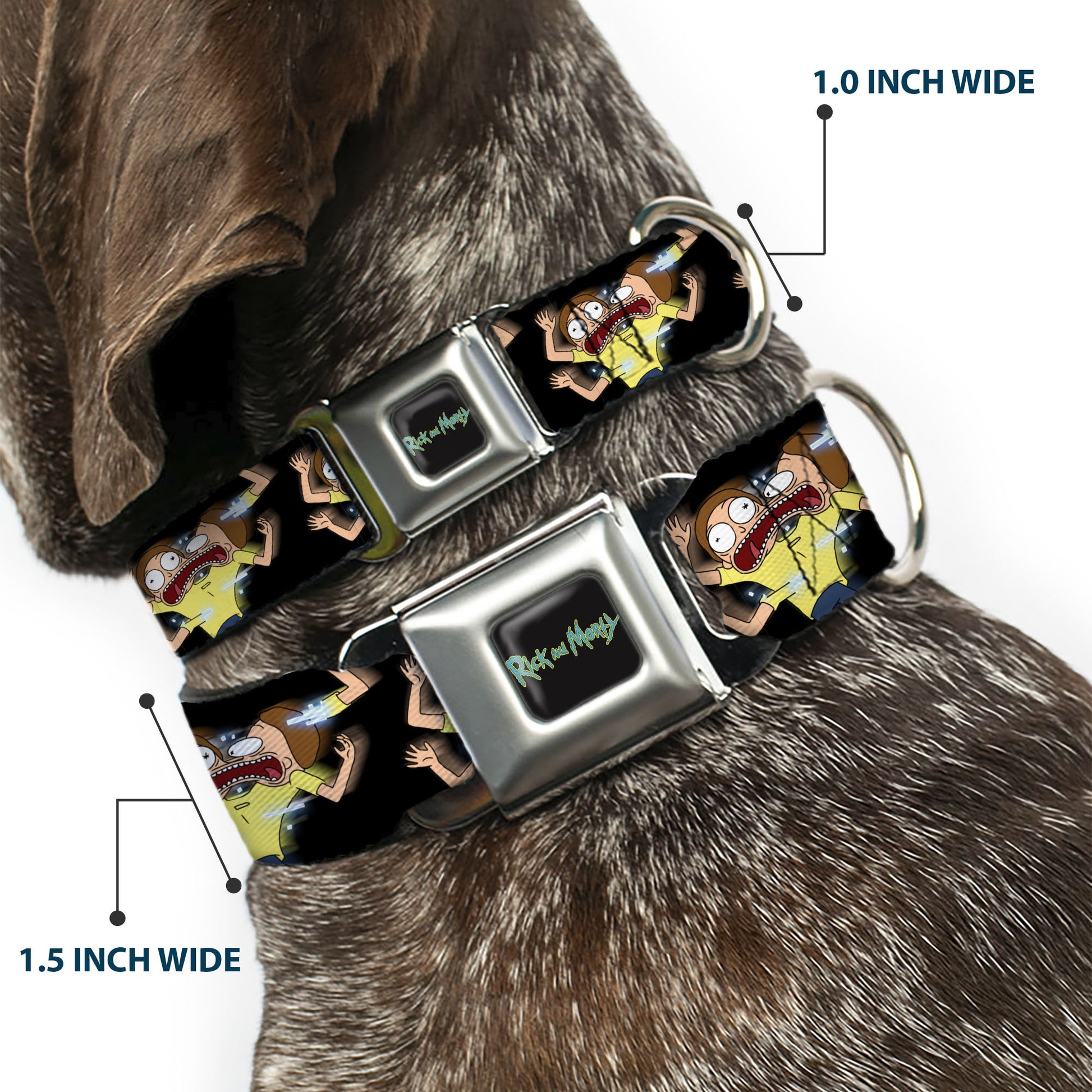 RICK AND MORTY Text Logo Full Color Black/Blue Seatbelt Buckle Collar - Morty Full Body Glitch Pose Black Seatbelt Buckle Collars Rick and Morty