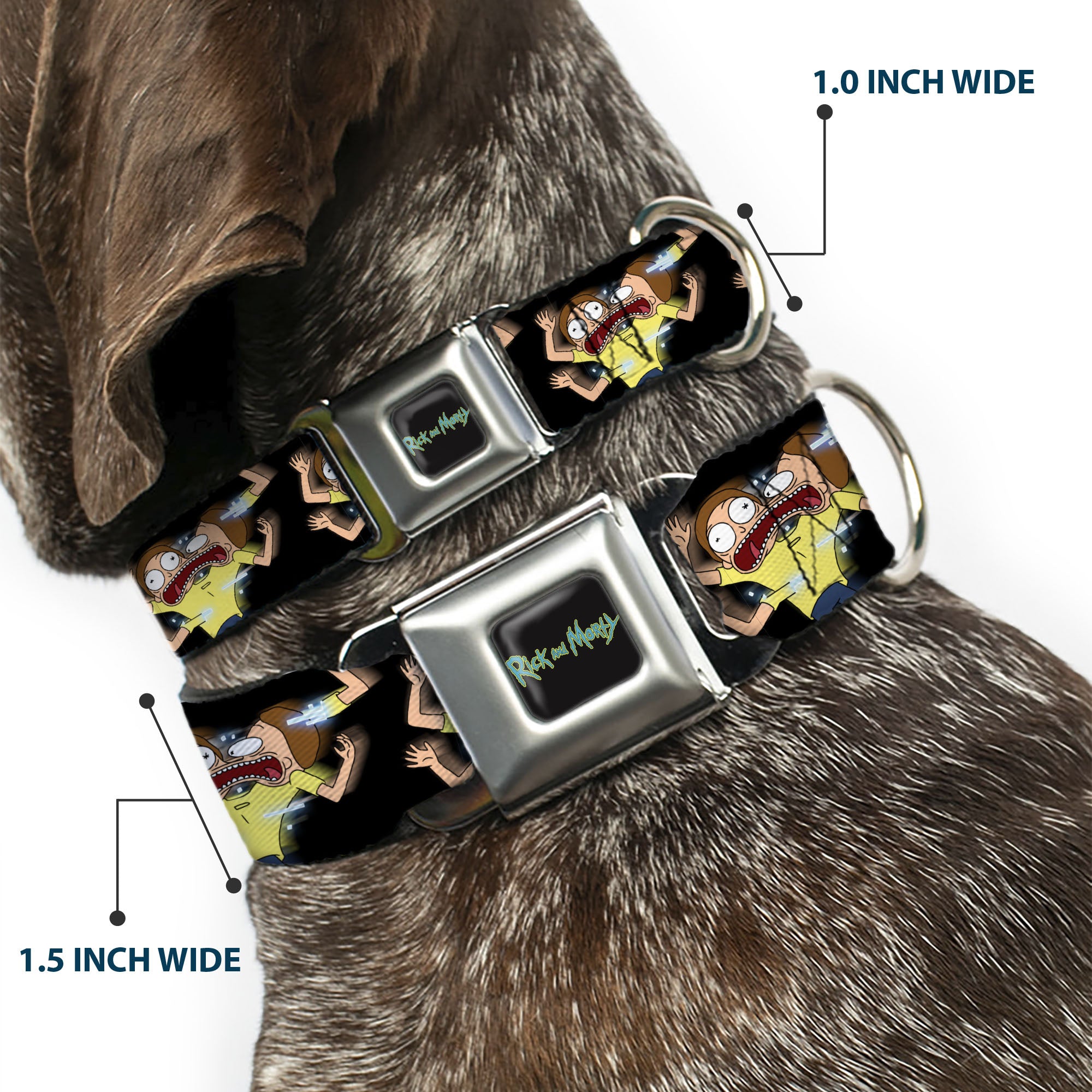 RICK AND MORTY Text Logo Full Color Black/Blue Seatbelt Buckle Collar - Morty Full Body Glitch Pose Black Seatbelt Buckle Collars Rick and Morty