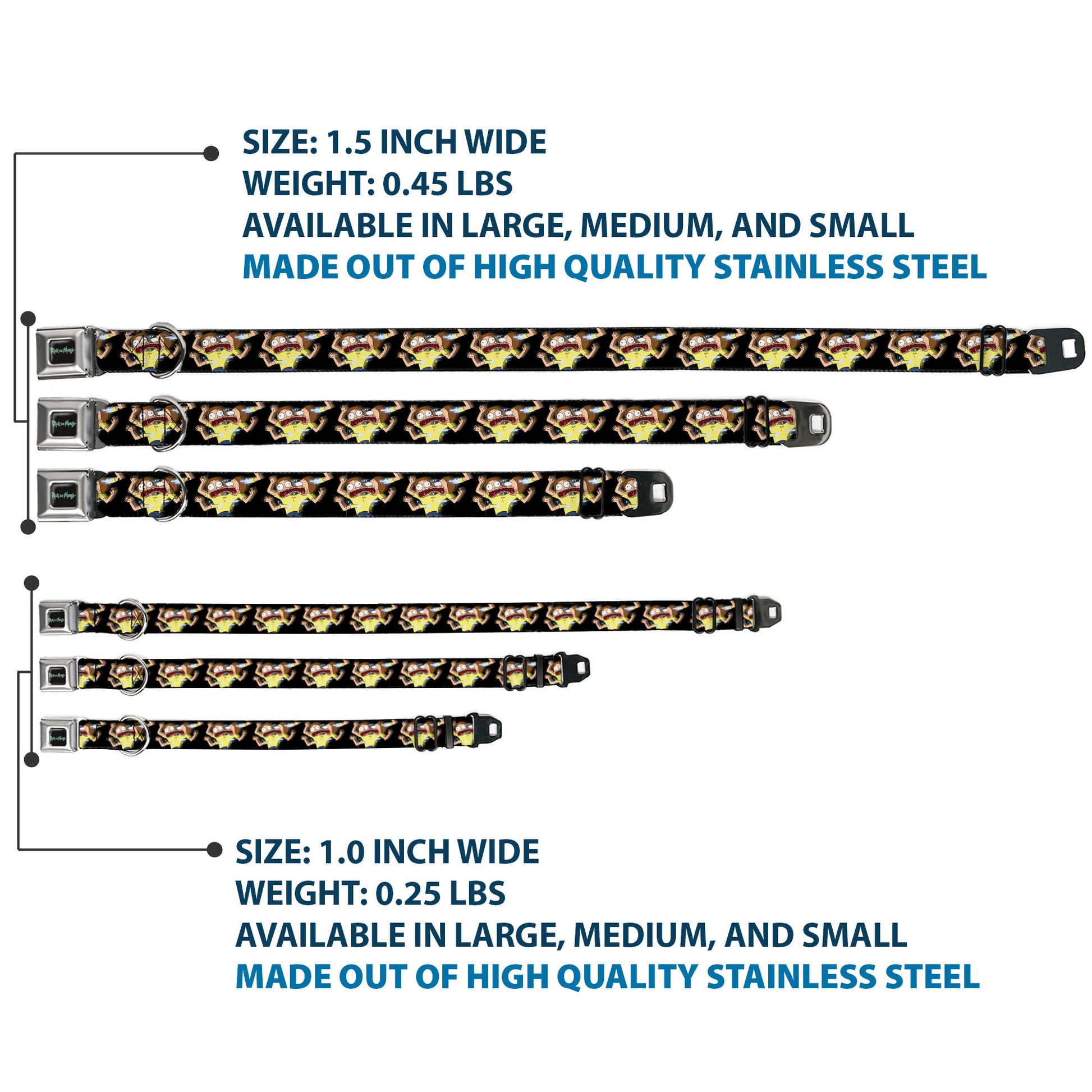 RICK AND MORTY Text Logo Full Color Black/Blue Seatbelt Buckle Collar - Morty Full Body Glitch Pose Black Seatbelt Buckle Collars Rick and Morty