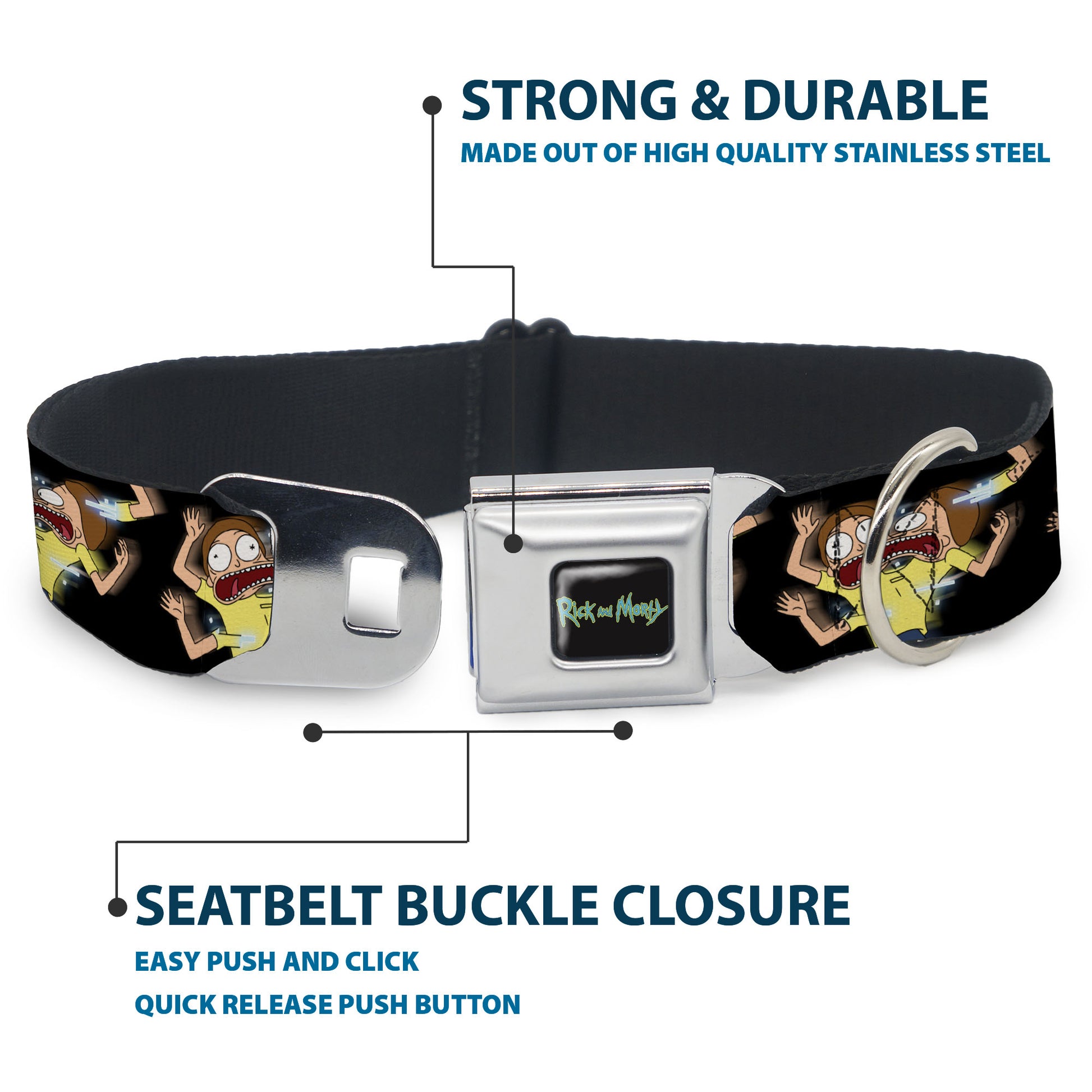 RICK AND MORTY Text Logo Full Color Black/Blue Seatbelt Buckle Collar - Morty Full Body Glitch Pose Black Seatbelt Buckle Collars Rick and Morty