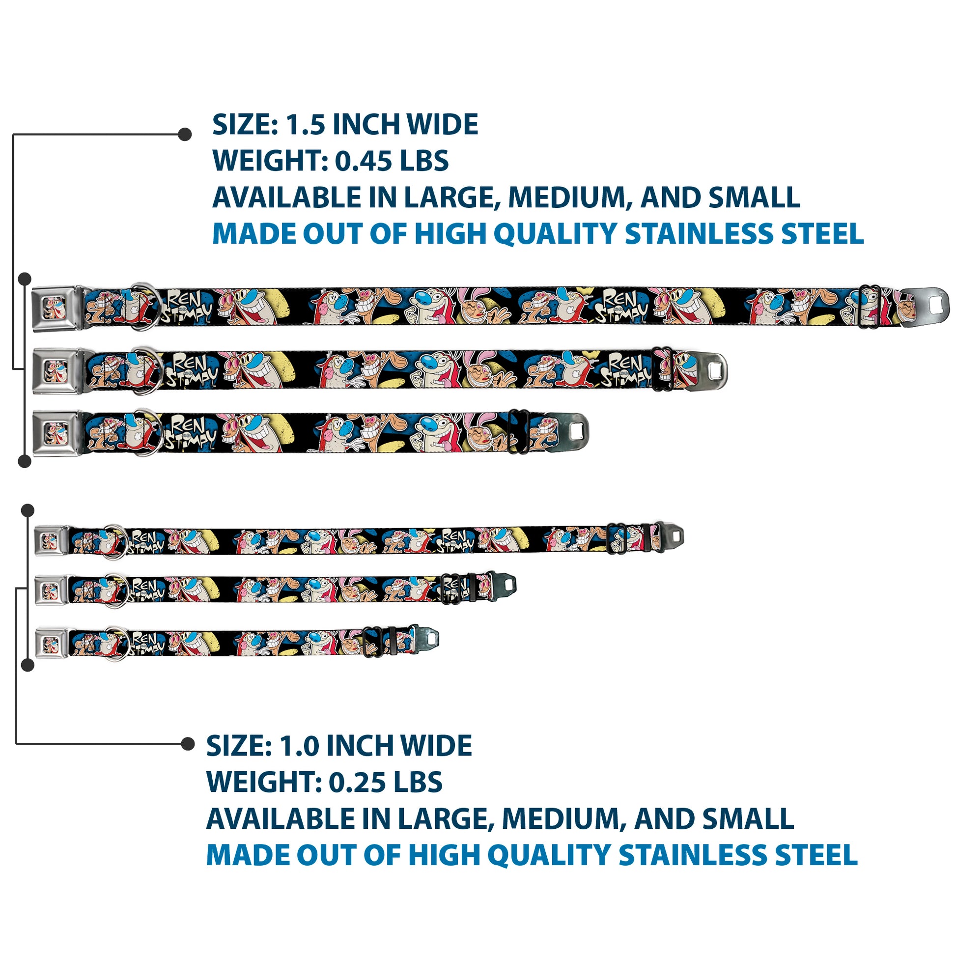 Ren & Stimpy Pose Black Seatbelt Buckle Collar - REN & STIMPY Poses Black/Blue/Yellow Seatbelt Buckle Collars Ren and Stimpy