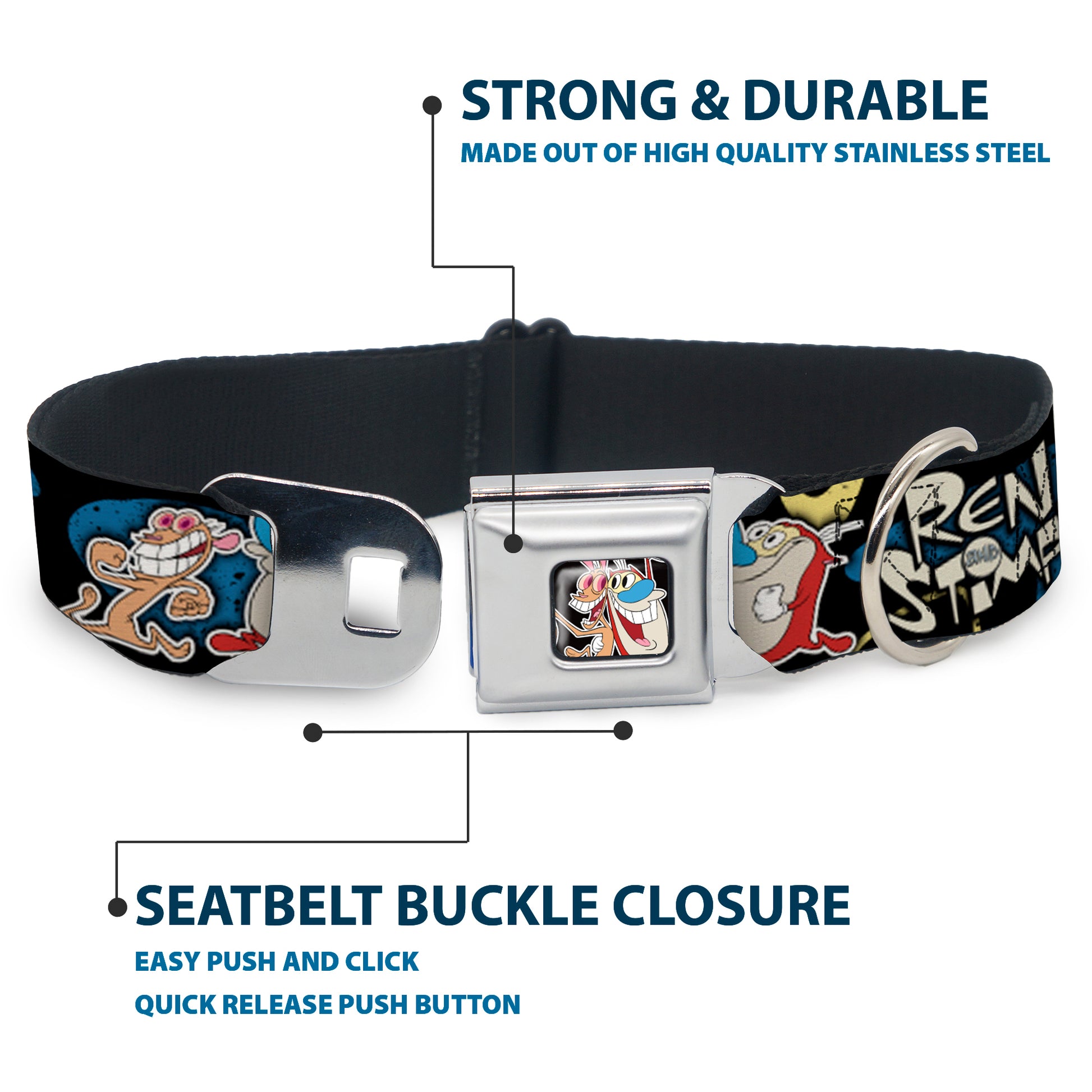 Ren & Stimpy Pose Black Seatbelt Buckle Collar - REN & STIMPY Poses Black/Blue/Yellow Seatbelt Buckle Collars Ren and Stimpy