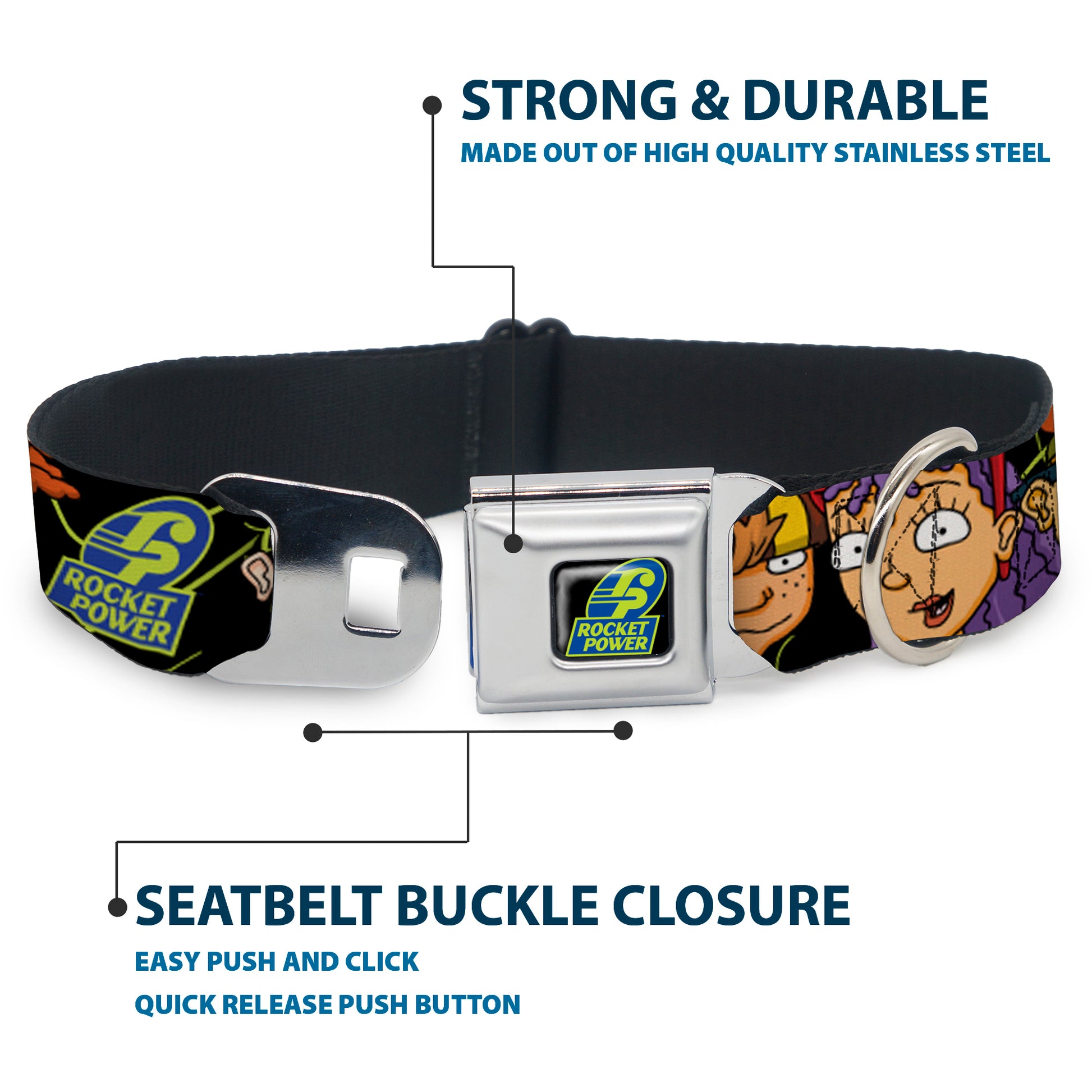ROCKET POWER RP Logo Full Color Black/Green/Blue Seatbelt Buckle Collar - ROCKET POWER RP Logo/4-Character Faces CLOSE-UP Black/Green/Blue Seatbelt Buckle Collars Rocket Power