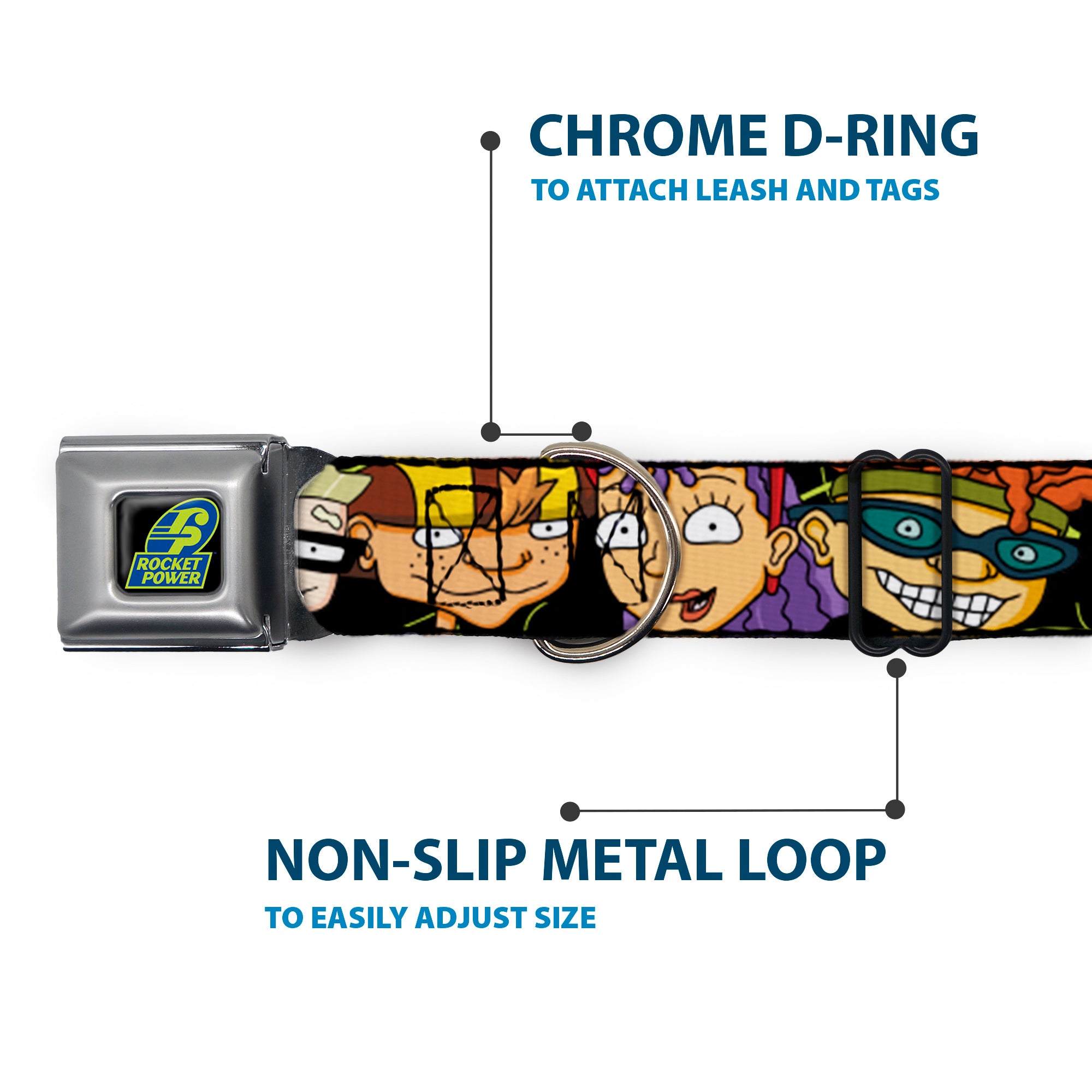 ROCKET POWER RP Logo Full Color Black/Green/Blue Seatbelt Buckle Collar - ROCKET POWER RP Logo/4-Character Faces CLOSE-UP Black/Green/Blue Seatbelt Buckle Collars Rocket Power