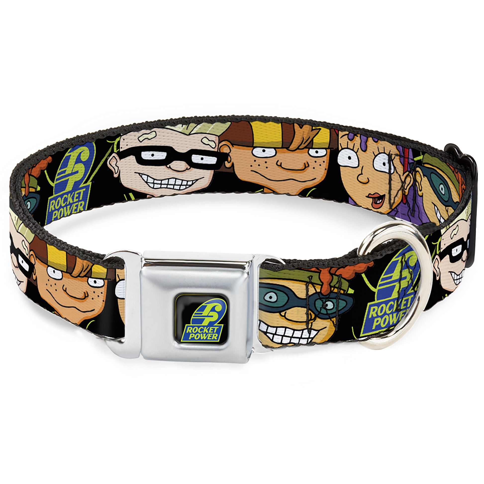 ROCKET POWER RP Logo Full Color Black/Green/Blue Seatbelt Buckle Collar - ROCKET POWER RP Logo/4-Character Faces CLOSE-UP Black/Green/Blue Seatbelt Buckle Collars Rocket Power
