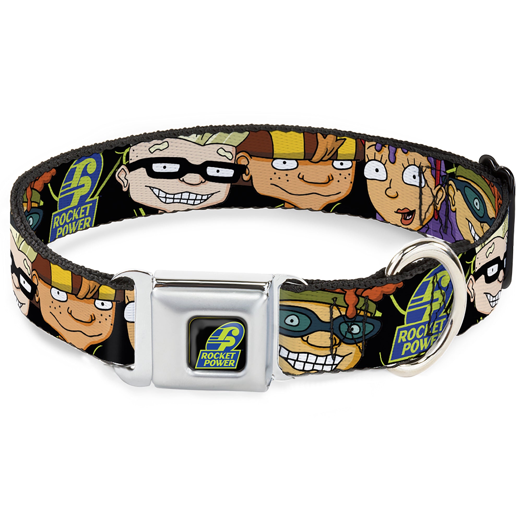 ROCKET POWER RP Logo Full Color Black/Green/Blue Seatbelt Buckle Collar - ROCKET POWER RP Logo/4-Character Faces CLOSE-UP Black/Green/Blue Seatbelt Buckle Collars Rocket Power