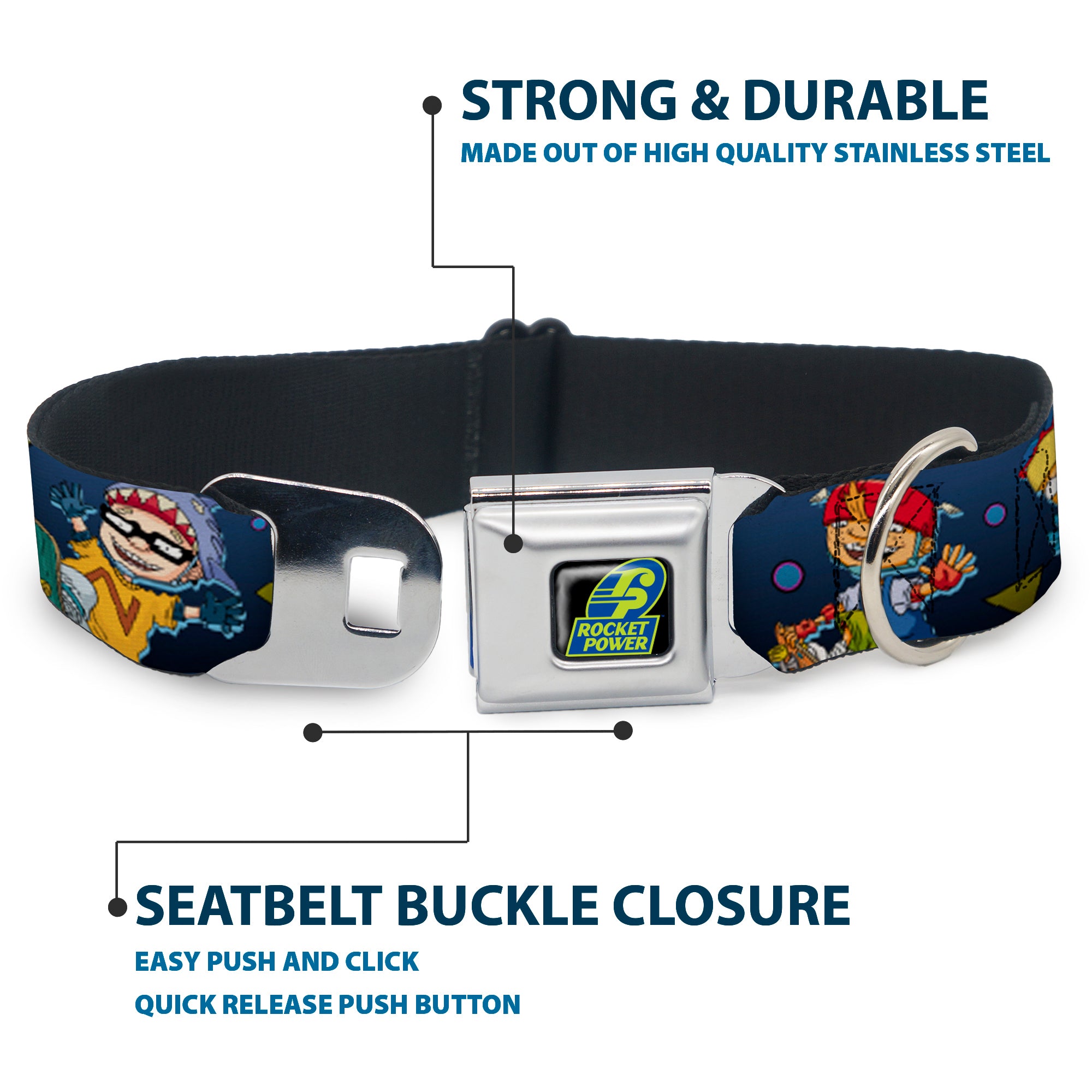 ROCKET POWER RP Logo Full Color Black/Green/Blue Seatbelt Buckle Collar - Rocket Power 4-Character Action Poses/Shapes Cool Gray/Multi Color Seatbelt Buckle Collars Rocket Power