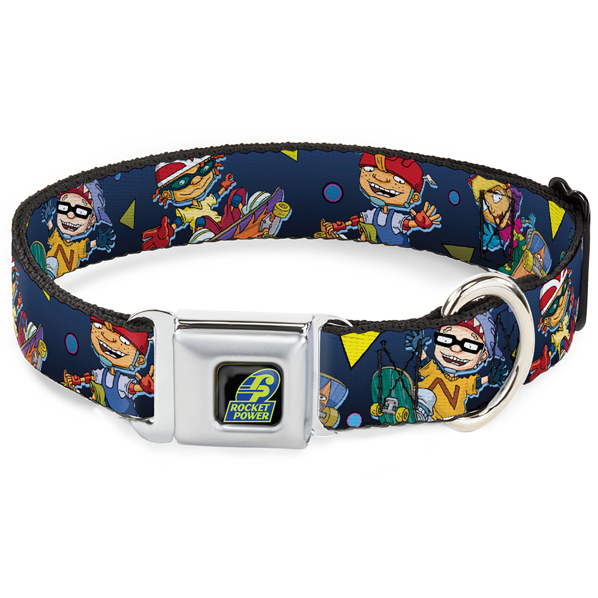 ROCKET POWER RP Logo Full Color Black/Green/Blue Seatbelt Buckle Collar - Rocket Power 4-Character Action Poses/Shapes Cool Gray/Multi Color Seatbelt Buckle Collars Rocket Power