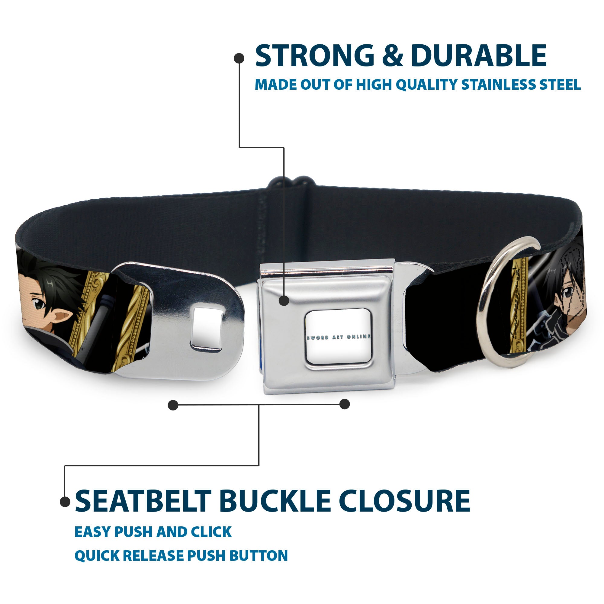 SWORD ART ONLINE Title Logo Full Color White/Blue Seatbelt Buckle Collar - SWORD ART ONLINE Kirito Reflection Poses and Title Logo Black Seatbelt Buckle Collars Sword Art Online