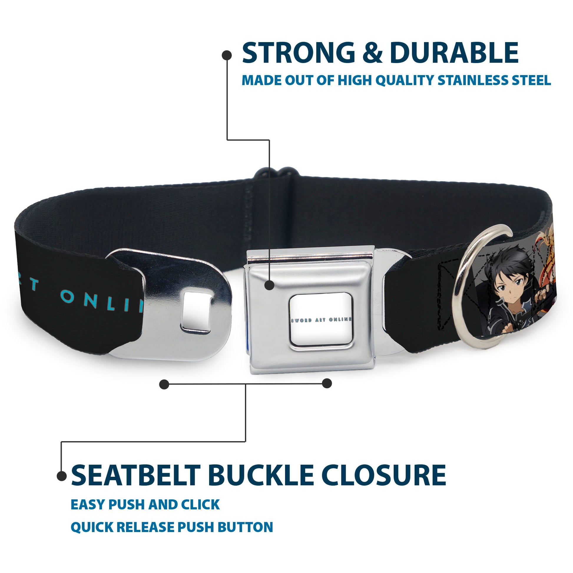 SWORD ART ONLINE Title Logo Full Color White/Blue Seatbelt Buckle Collar - SWORD ART ONLINE Kirito and Asuna Swords Pose and Title Logo Black Seatbelt Buckle Collars Sword Art Online