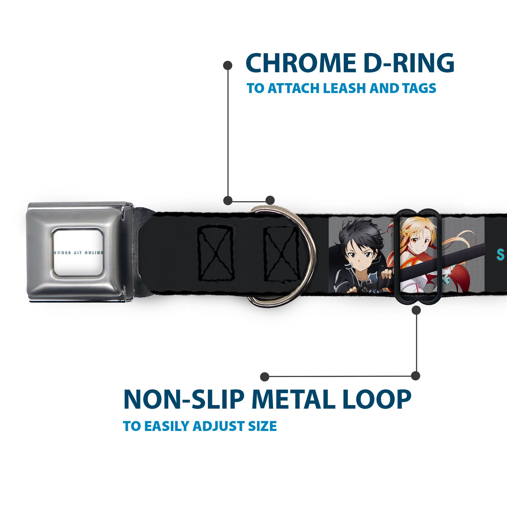 SWORD ART ONLINE Title Logo Full Color White/Blue Seatbelt Buckle Collar - SWORD ART ONLINE Kirito and Asuna Swords Pose and Title Logo Black Seatbelt Buckle Collars Sword Art Online