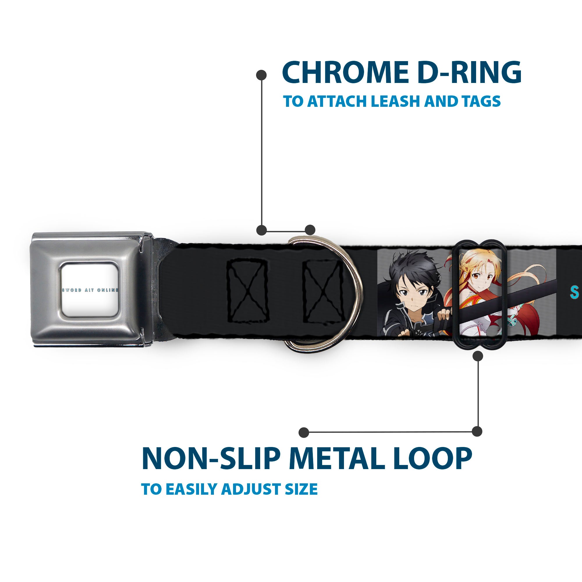 SWORD ART ONLINE Title Logo Full Color White/Blue Seatbelt Buckle Collar - SWORD ART ONLINE Kirito and Asuna Swords Pose and Title Logo Black Seatbelt Buckle Collars Sword Art Online