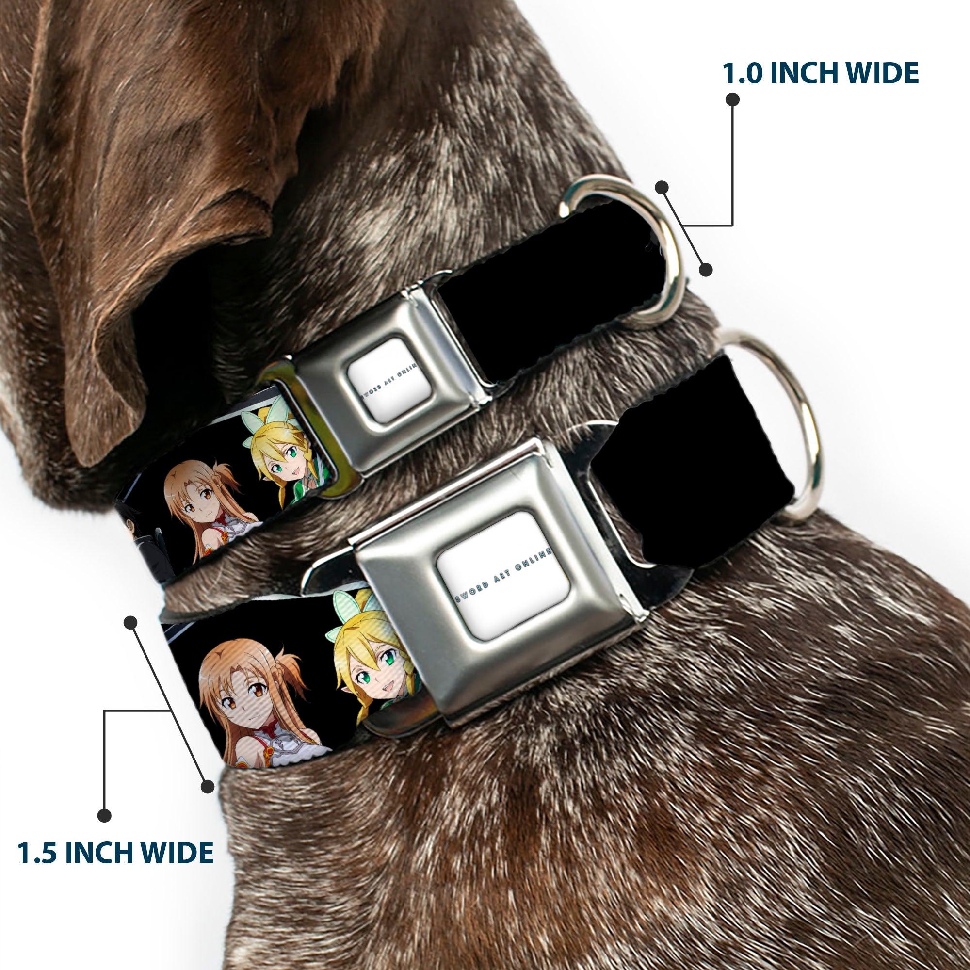 SWORD ART ONLINE Title Logo Full Color White/Blue Seatbelt Buckle Collar - SWORD ART ONLINE Four Character Swords Group Pose and Title Logo Black Seatbelt Buckle Collars Sword Art Online