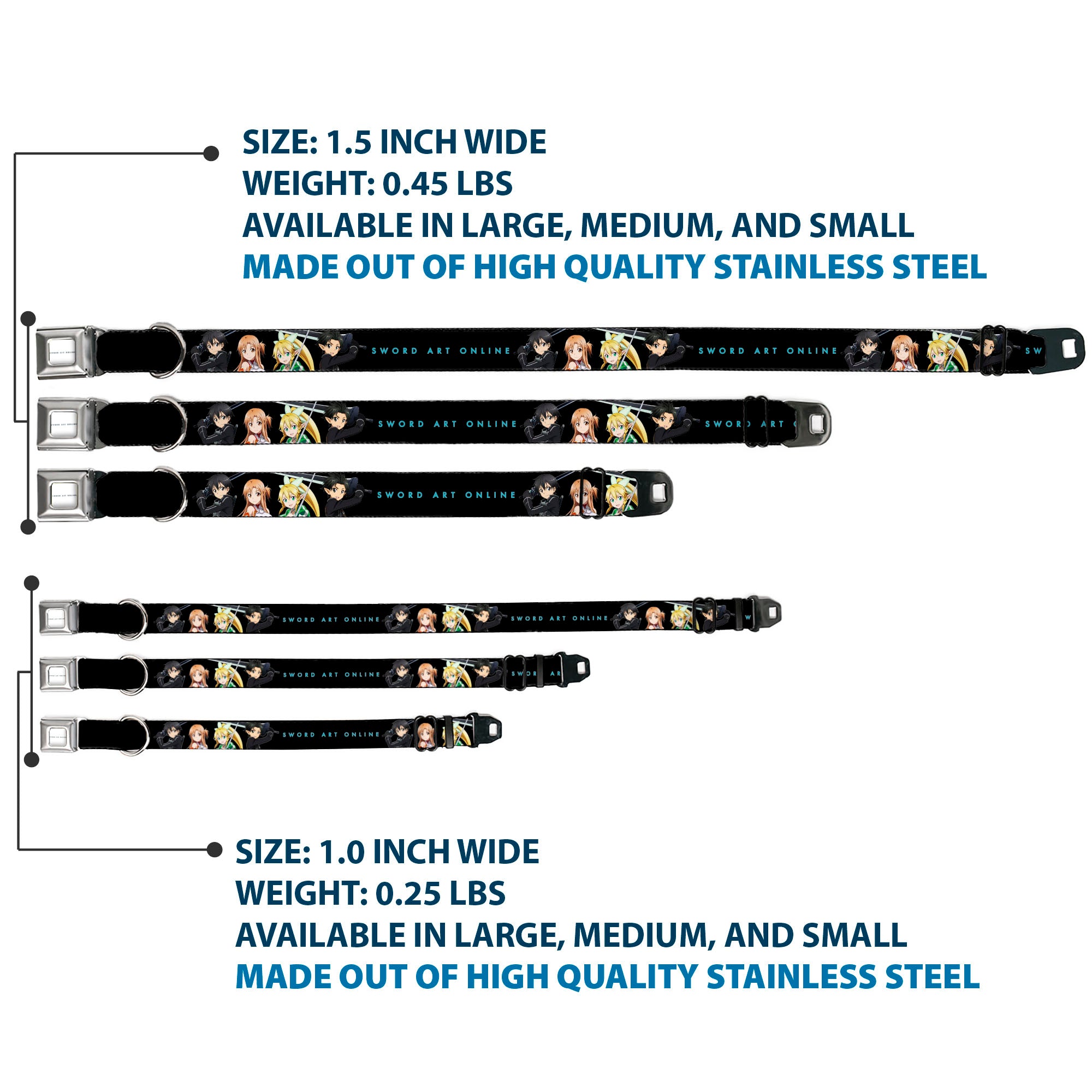 SWORD ART ONLINE Title Logo Full Color White/Blue Seatbelt Buckle Collar - SWORD ART ONLINE Four Character Swords Group Pose and Title Logo Black Seatbelt Buckle Collars Sword Art Online