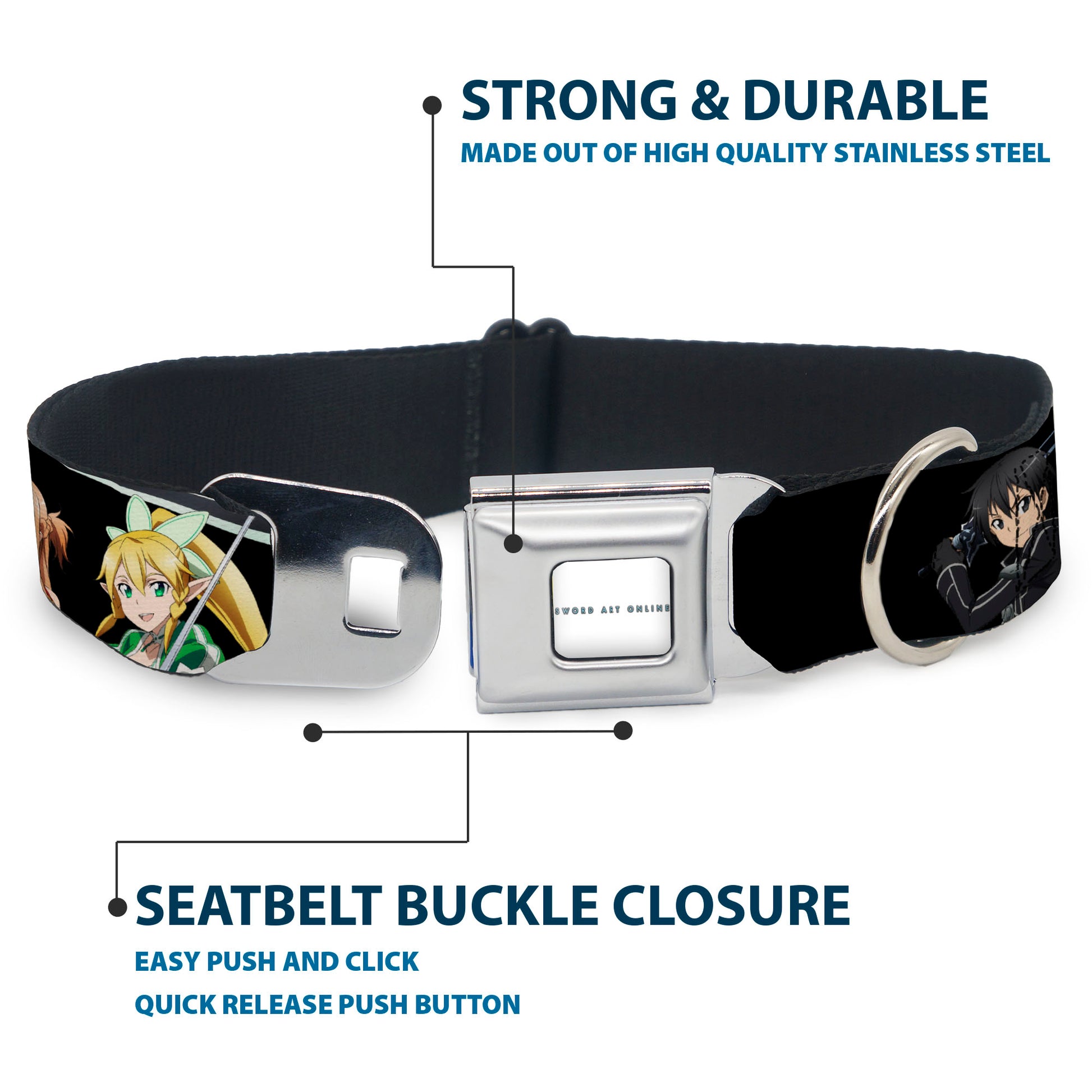 SWORD ART ONLINE Title Logo Full Color White/Blue Seatbelt Buckle Collar - SWORD ART ONLINE Four Character Swords Group Pose and Title Logo Black Seatbelt Buckle Collars Sword Art Online