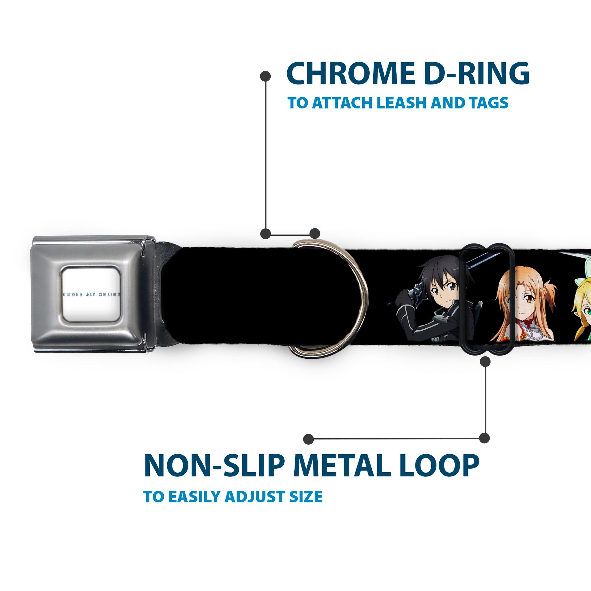 SWORD ART ONLINE Title Logo Full Color White/Blue Seatbelt Buckle Collar - SWORD ART ONLINE Four Character Swords Group Pose and Title Logo Black Seatbelt Buckle Collars Sword Art Online