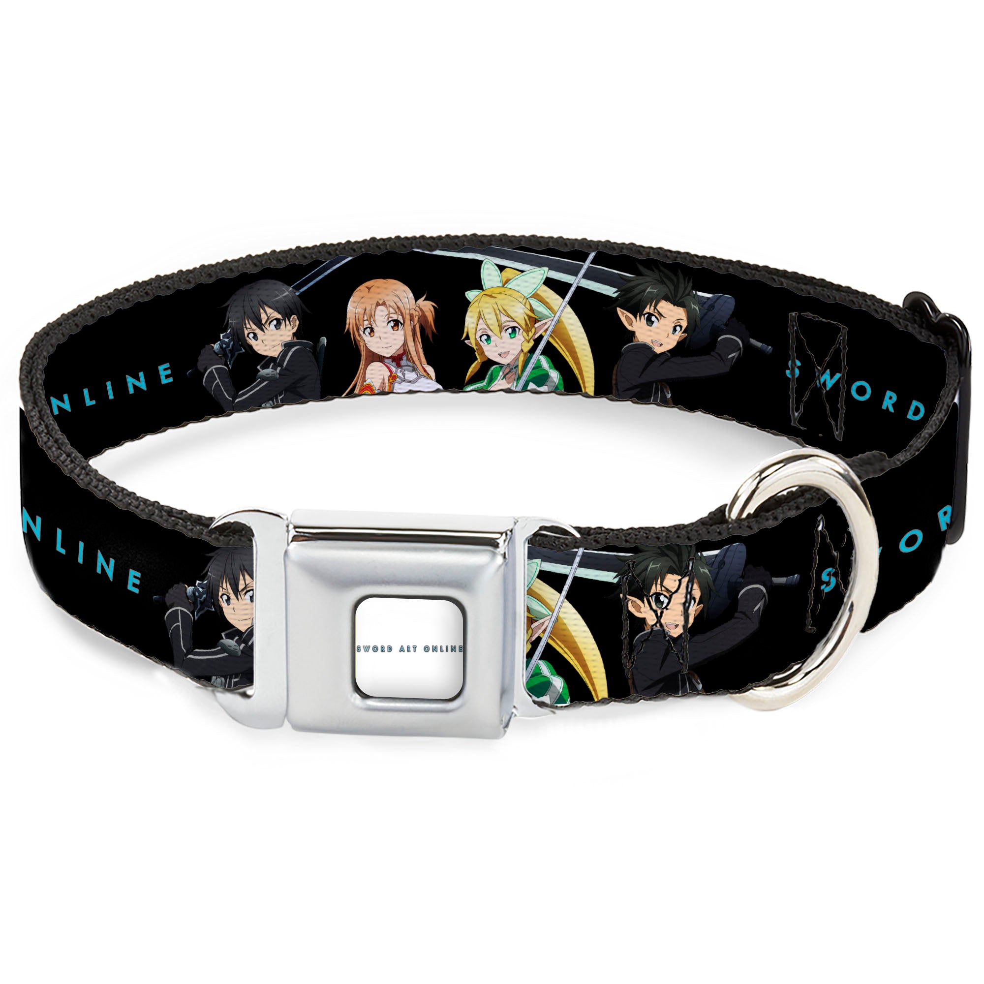 SWORD ART ONLINE Title Logo Full Color White/Blue Seatbelt Buckle Collar - SWORD ART ONLINE Four Character Swords Group Pose and Title Logo Black Seatbelt Buckle Collars Sword Art Online