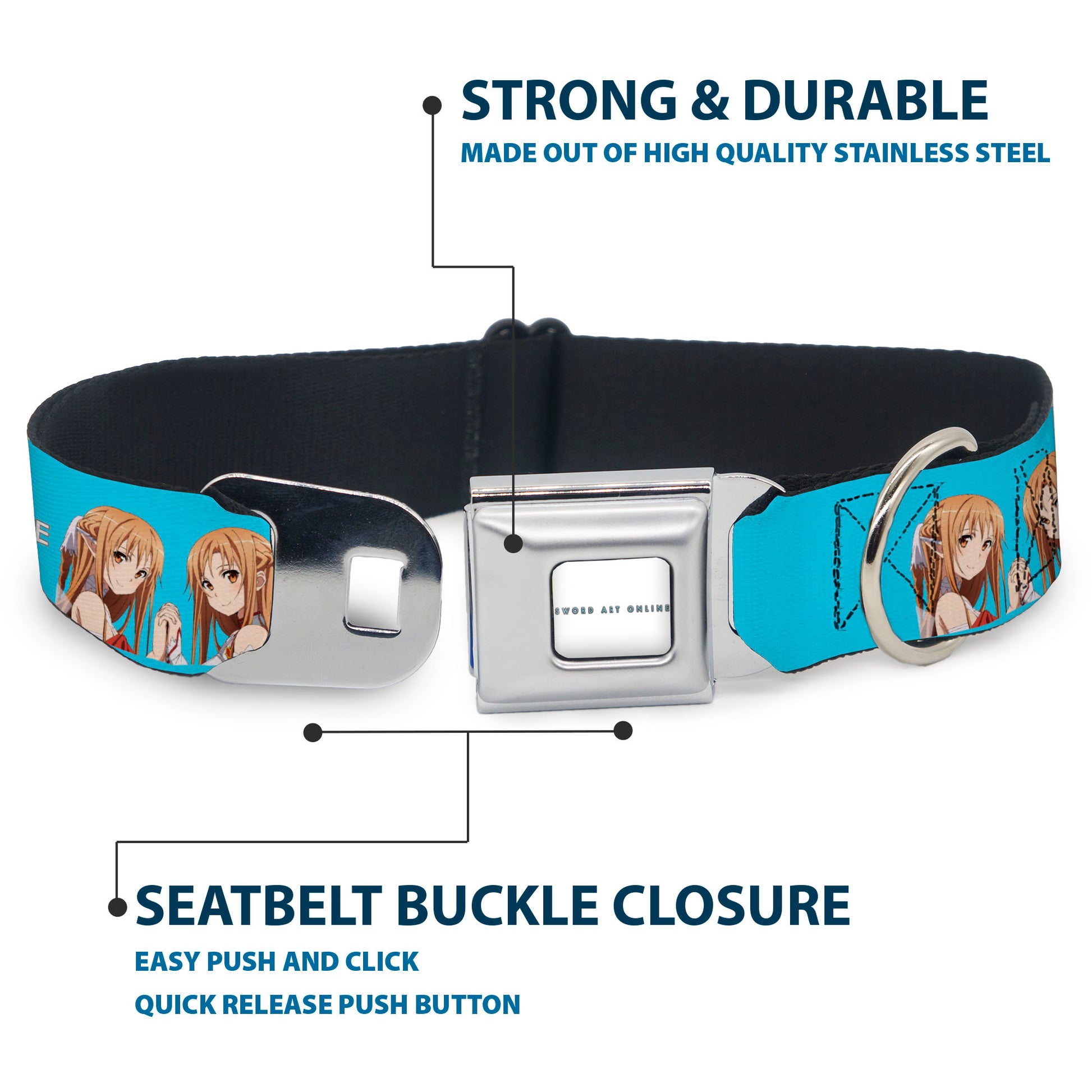 SWORD ART ONLINE Title Logo Full Color White/Blue Seatbelt Buckle Collar - SWORD ART ONLINE Asuna Comic Book Cover Pose and Title Logo Blue Seatbelt Buckle Collars Sword Art Online