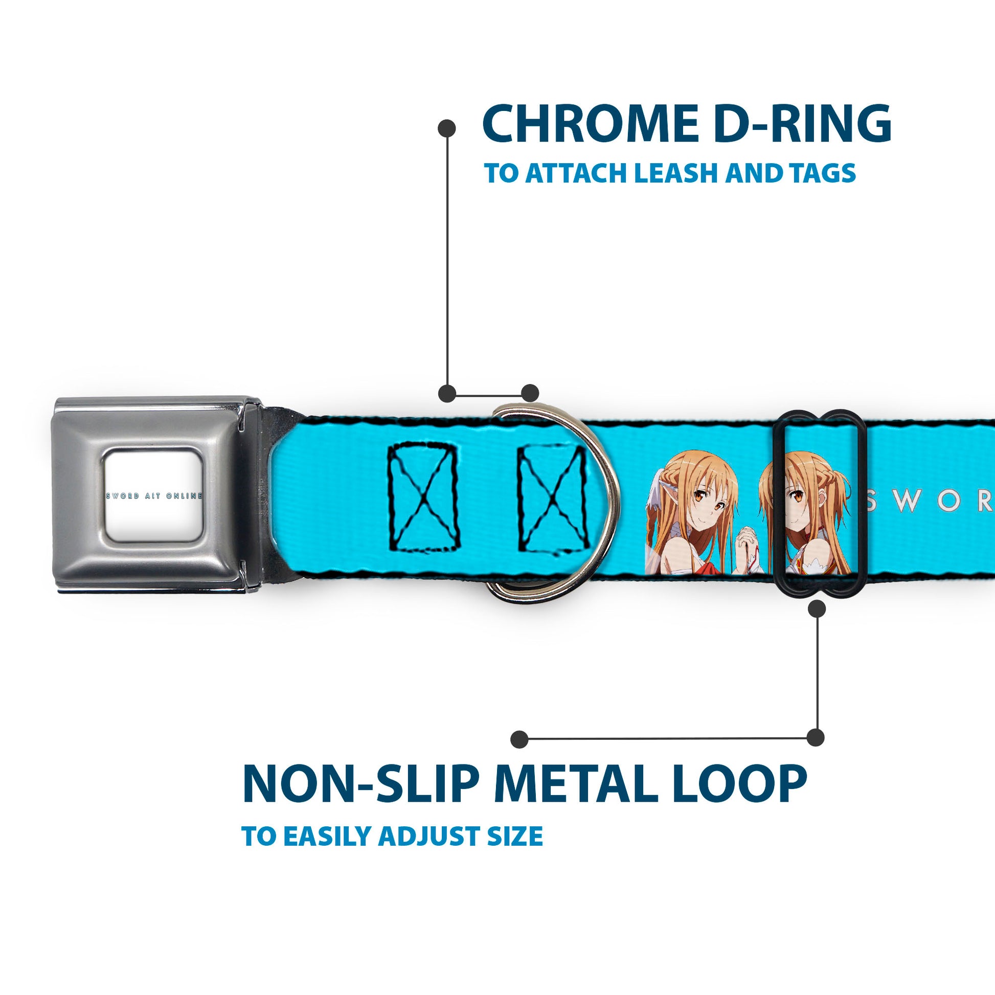 SWORD ART ONLINE Title Logo Full Color White/Blue Seatbelt Buckle Collar - SWORD ART ONLINE Asuna Comic Book Cover Pose and Title Logo Blue Seatbelt Buckle Collars Sword Art Online