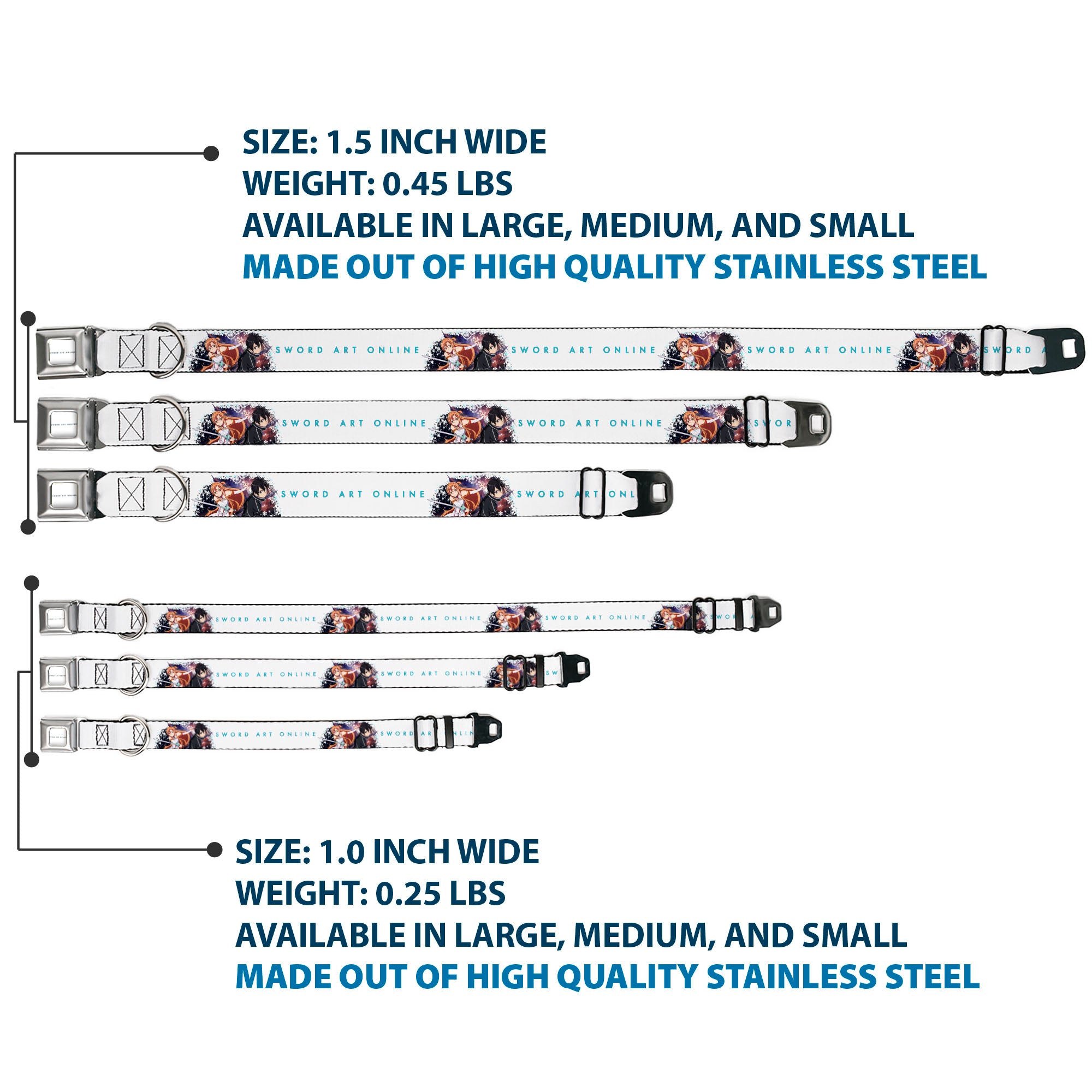 SWORD ART ONLINE Title Logo Full Color White/Blue Seatbelt Buckle Collar - SWORD ART ONLINE Asuna and Kirito Action Pose and Title Logo White Seatbelt Buckle Collars Sword Art Online