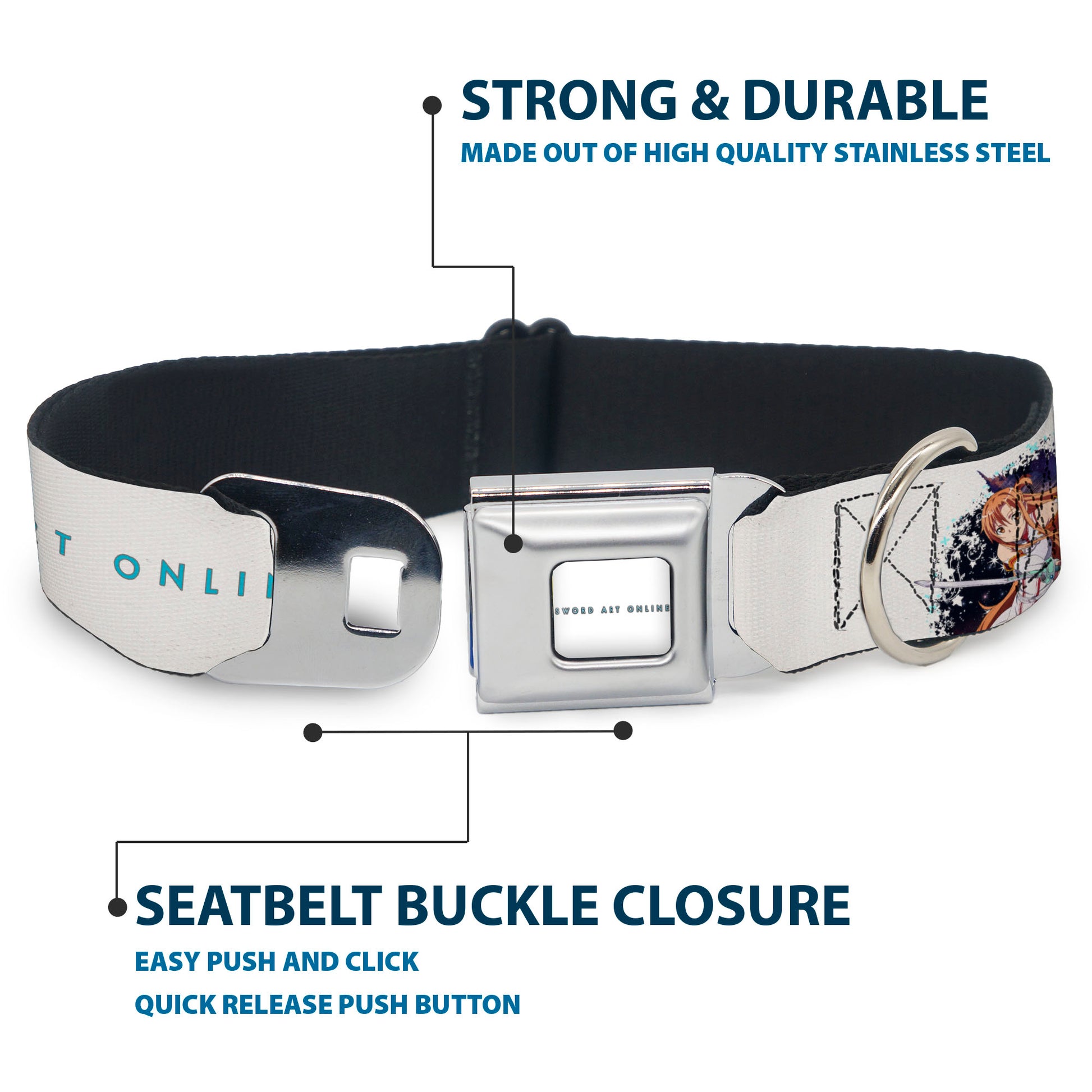 SWORD ART ONLINE Title Logo Full Color White/Blue Seatbelt Buckle Collar - SWORD ART ONLINE Asuna and Kirito Action Pose and Title Logo White Seatbelt Buckle Collars Sword Art Online