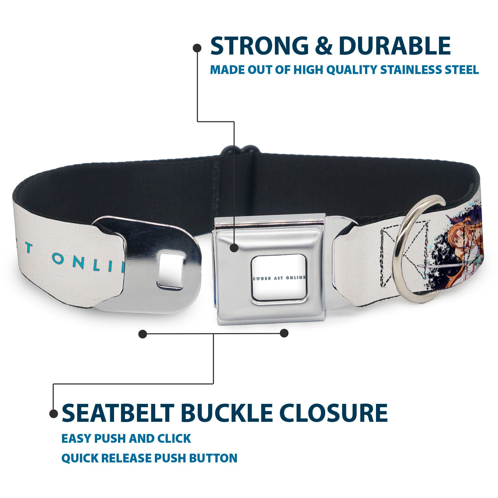 SWORD ART ONLINE Title Logo Full Color White/Blue Seatbelt Buckle Collar - SWORD ART ONLINE Asuna and Kirito Action Pose and Title Logo White Seatbelt Buckle Collars Sword Art Online