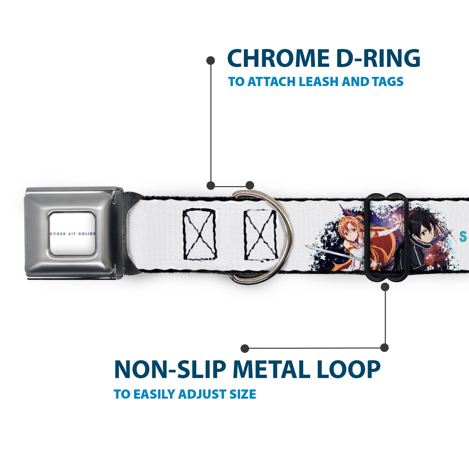 SWORD ART ONLINE Title Logo Full Color White/Blue Seatbelt Buckle Collar - SWORD ART ONLINE Asuna and Kirito Action Pose and Title Logo White Seatbelt Buckle Collars Sword Art Online