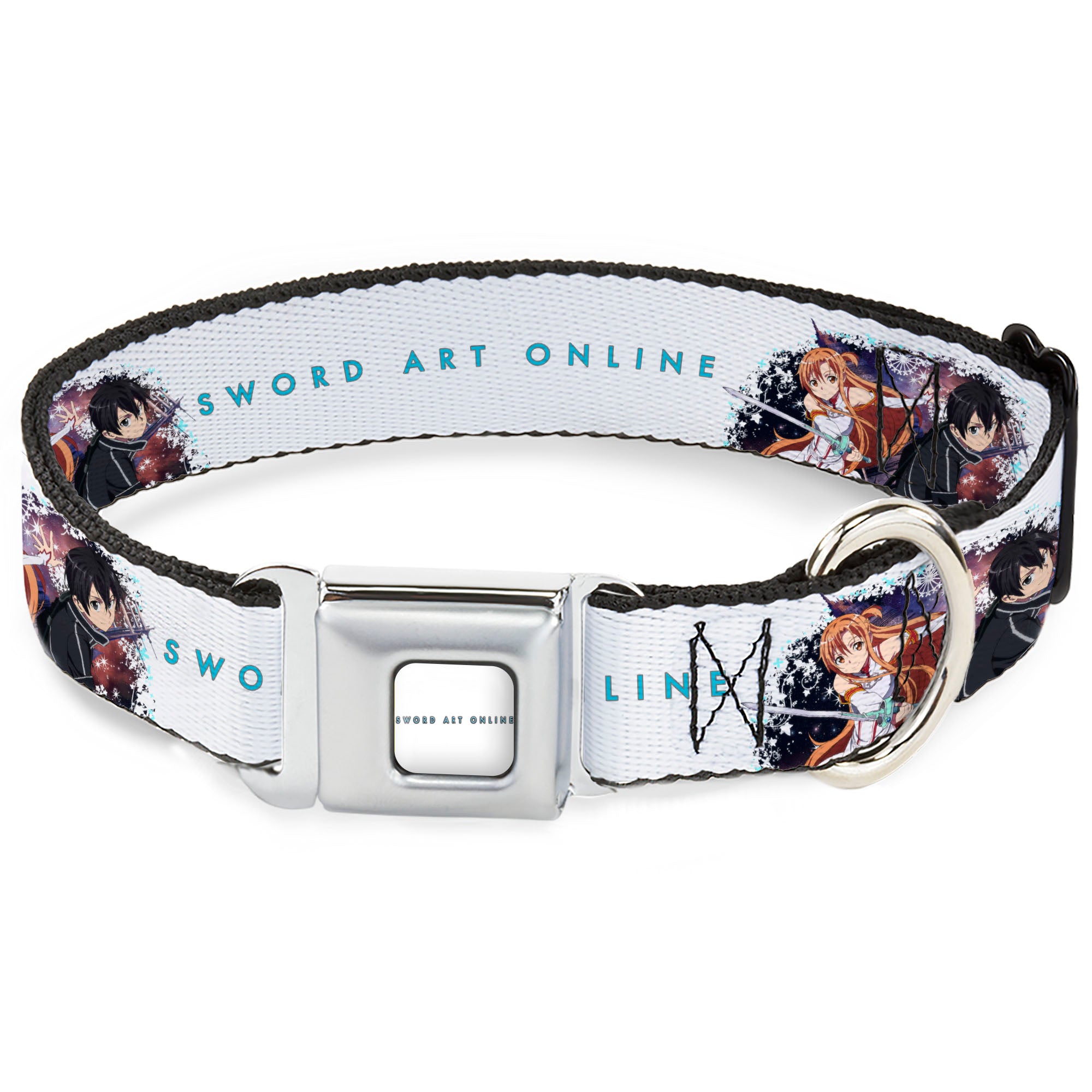 SWORD ART ONLINE Title Logo Full Color White/Blue Seatbelt Buckle Collar - SWORD ART ONLINE Asuna and Kirito Action Pose and Title Logo White Seatbelt Buckle Collars Sword Art Online