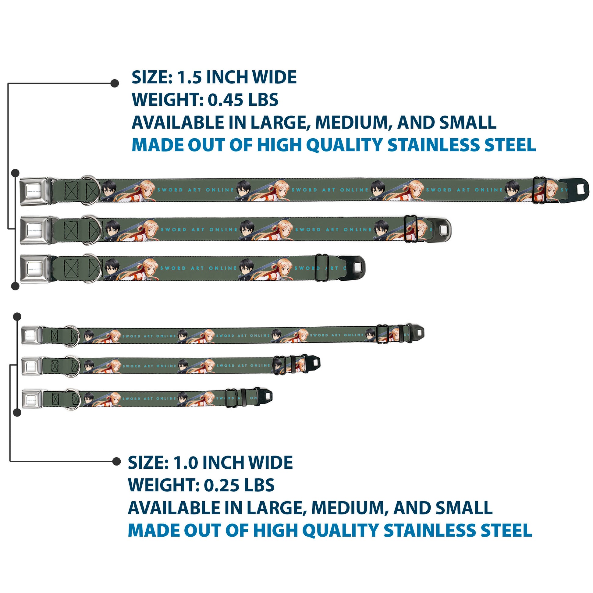 SWORD ART ONLINE Title Logo Full Color White/Blue Seatbelt Buckle Collar - SWORD ART ONLINE Kirito and Asuna Pose and Title Logo Gray Seatbelt Buckle Collars Sword Art Online