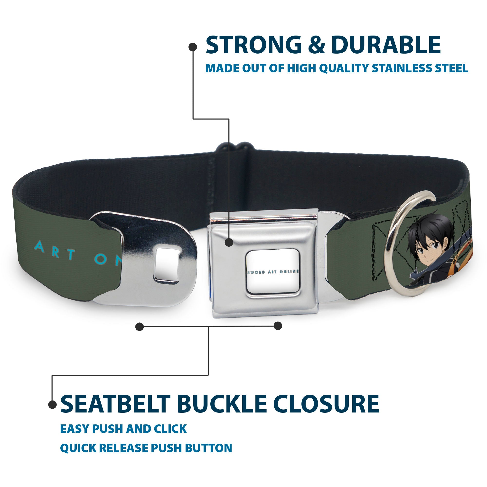 SWORD ART ONLINE Title Logo Full Color White/Blue Seatbelt Buckle Collar - SWORD ART ONLINE Kirito and Asuna Pose and Title Logo Gray Seatbelt Buckle Collars Sword Art Online