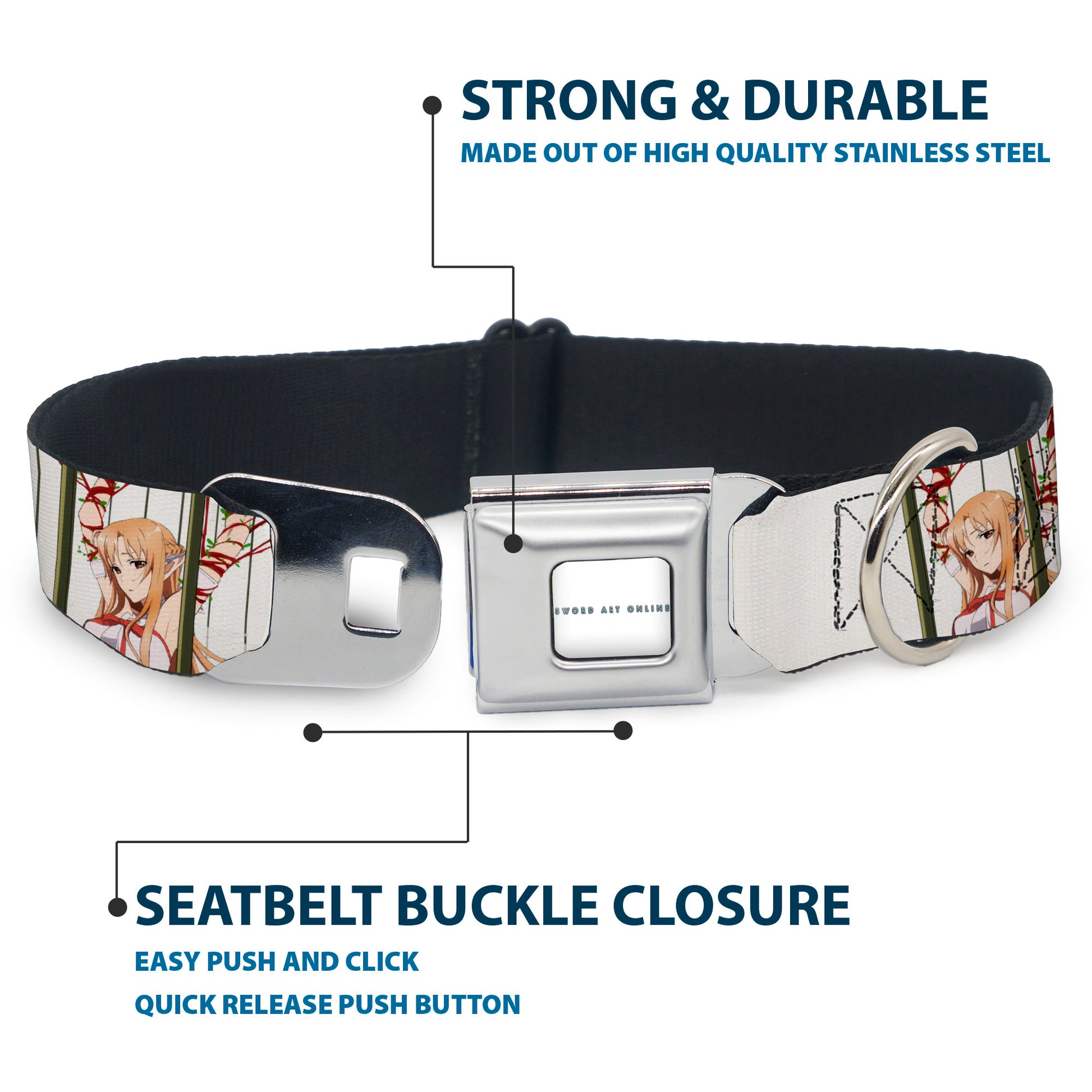 SWORD ART ONLINE Title Logo Full Color White/Blue Seatbelt Buckle Collar - SWORD ART ONLINE Asuna Cage Trap Pose and Title Logo White Seatbelt Buckle Collars Sword Art Online