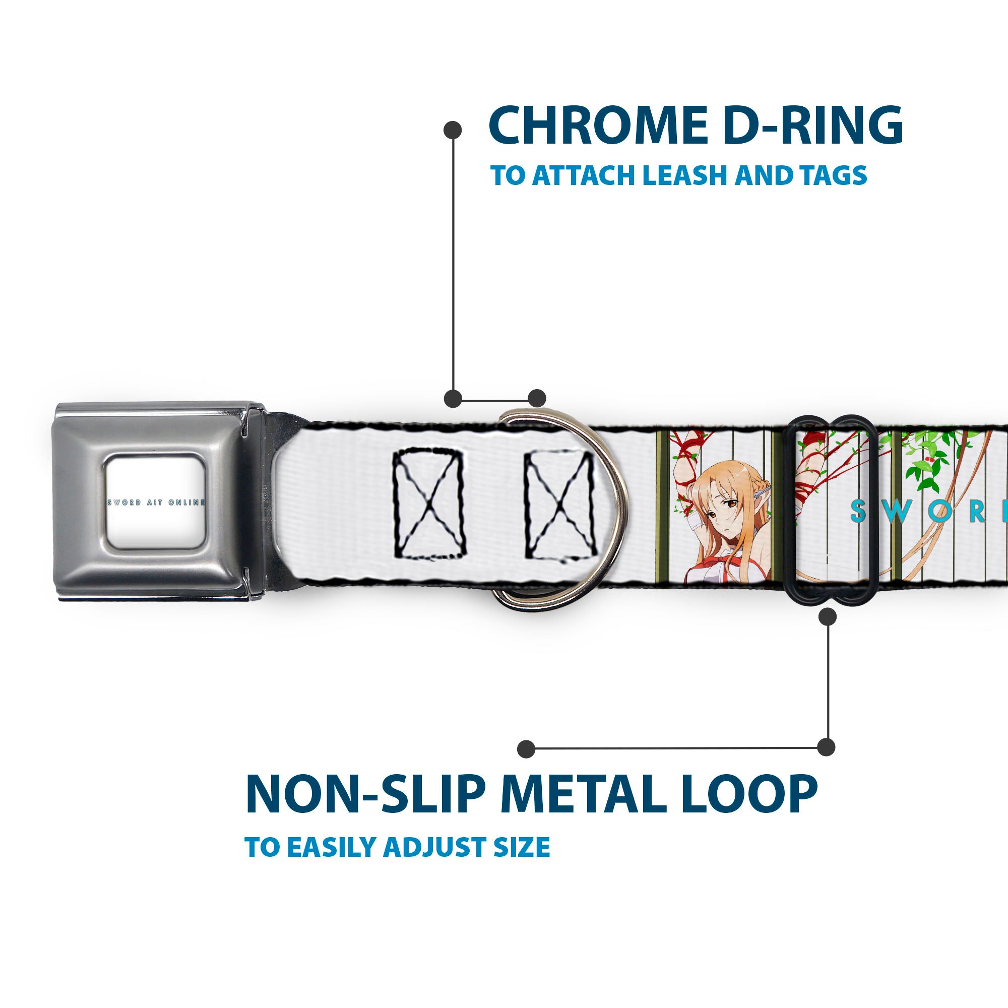 SWORD ART ONLINE Title Logo Full Color White/Blue Seatbelt Buckle Collar - SWORD ART ONLINE Asuna Cage Trap Pose and Title Logo White Seatbelt Buckle Collars Sword Art Online