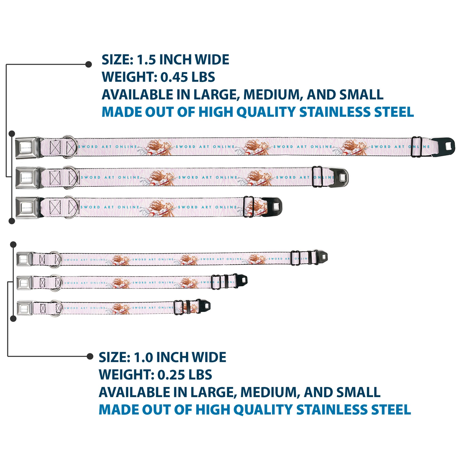 SWORD ART ONLINE Title Logo Full Color White/Blue Seatbelt Buckle Collar - SWORD ART ONLINE Asuna Lambent Light Rapier Pose and Title Logo Pink Seatbelt Buckle Collars Sword Art Online