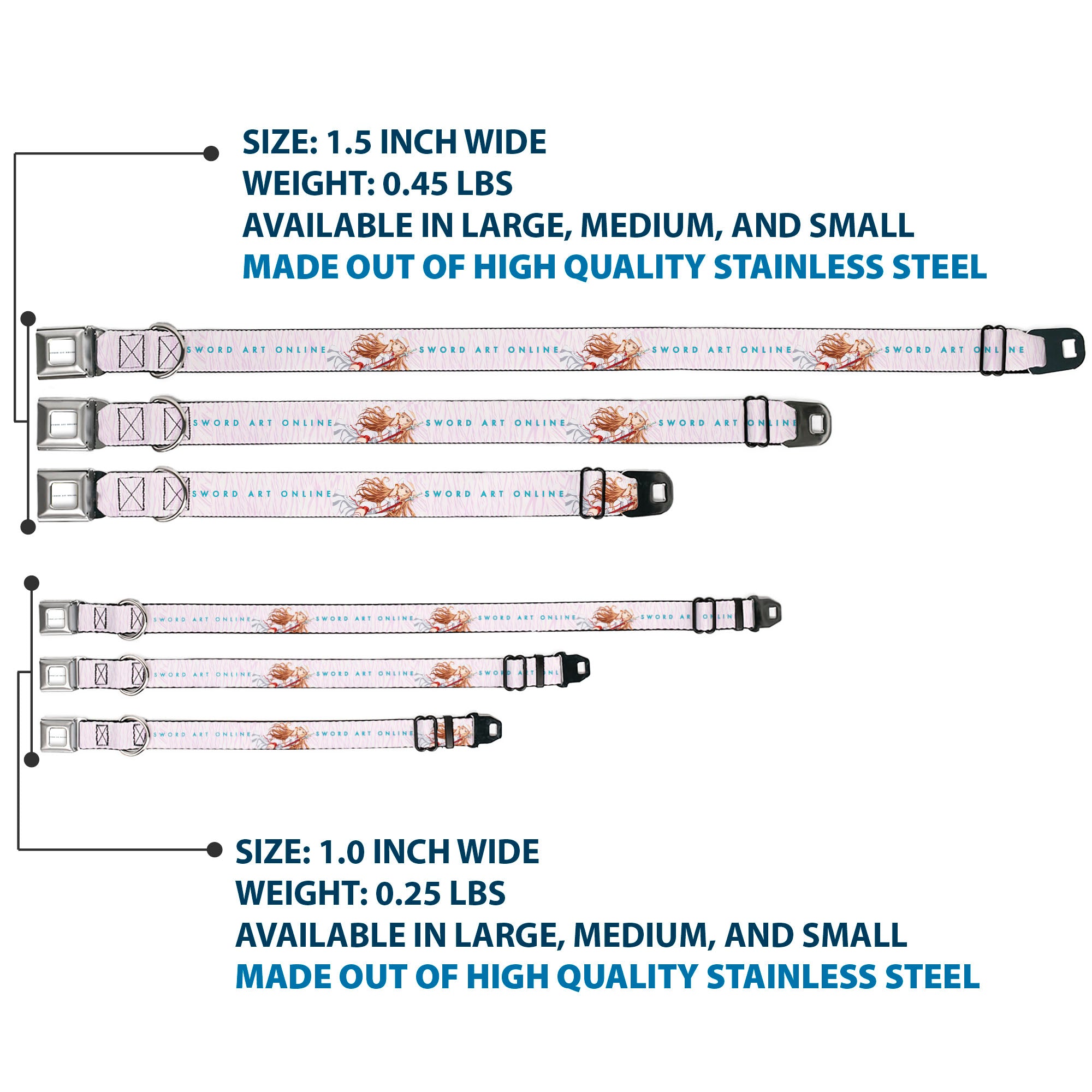 SWORD ART ONLINE Title Logo Full Color White/Blue Seatbelt Buckle Collar - SWORD ART ONLINE Asuna Lambent Light Rapier Pose and Title Logo Pink Seatbelt Buckle Collars Sword Art Online