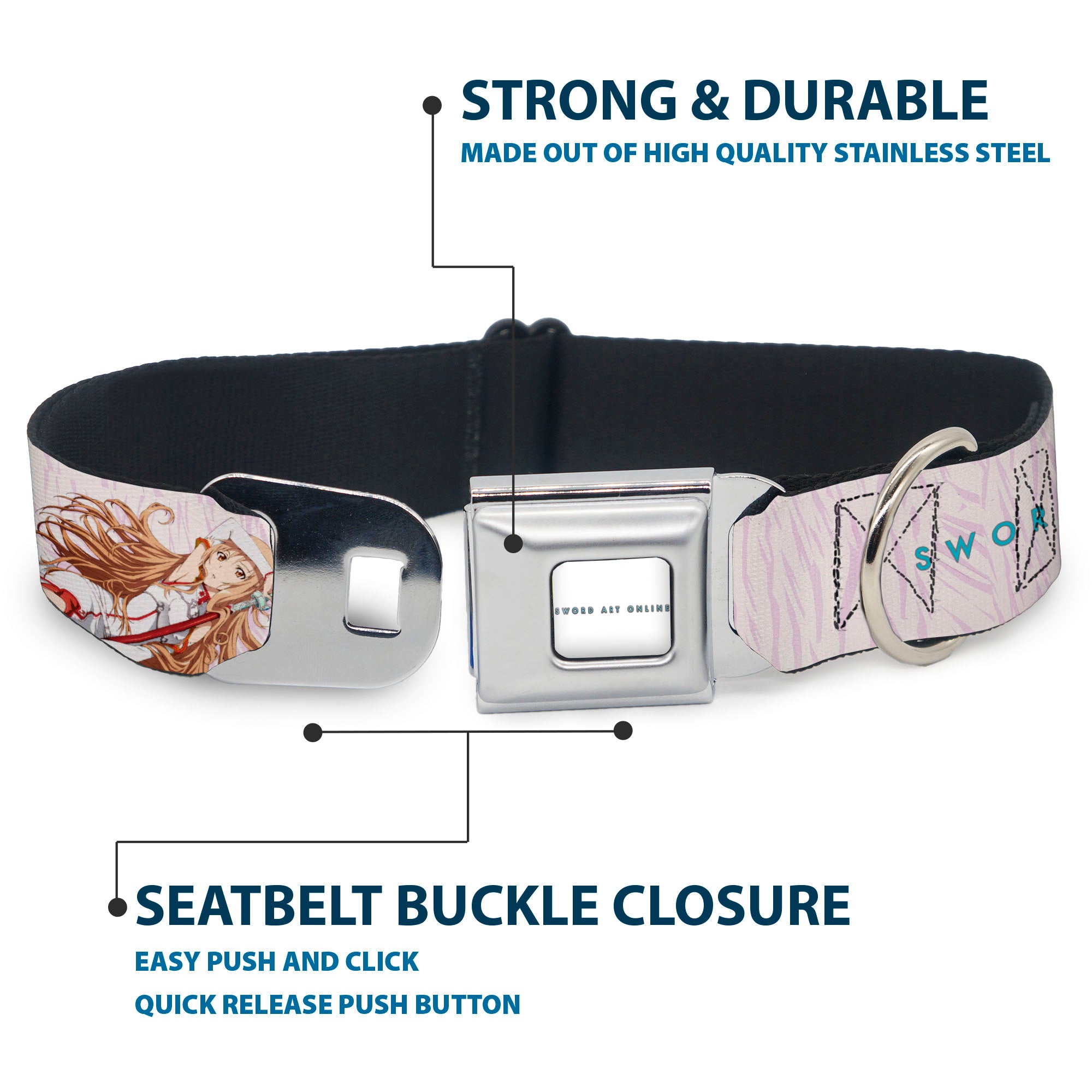 SWORD ART ONLINE Title Logo Full Color White/Blue Seatbelt Buckle Collar - SWORD ART ONLINE Asuna Lambent Light Rapier Pose and Title Logo Pink Seatbelt Buckle Collars Sword Art Online