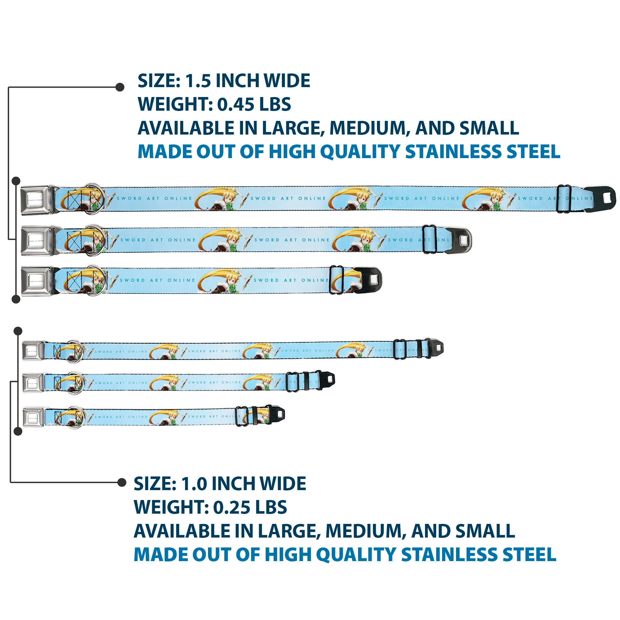 SWORD ART ONLINE Title Logo Full Color White/Blue Seatbelt Buckle Collar - SWORD ART ONLINE Leafa Joyeuse Pose and Title Logo Light Blue Seatbelt Buckle Collars Sword Art Online