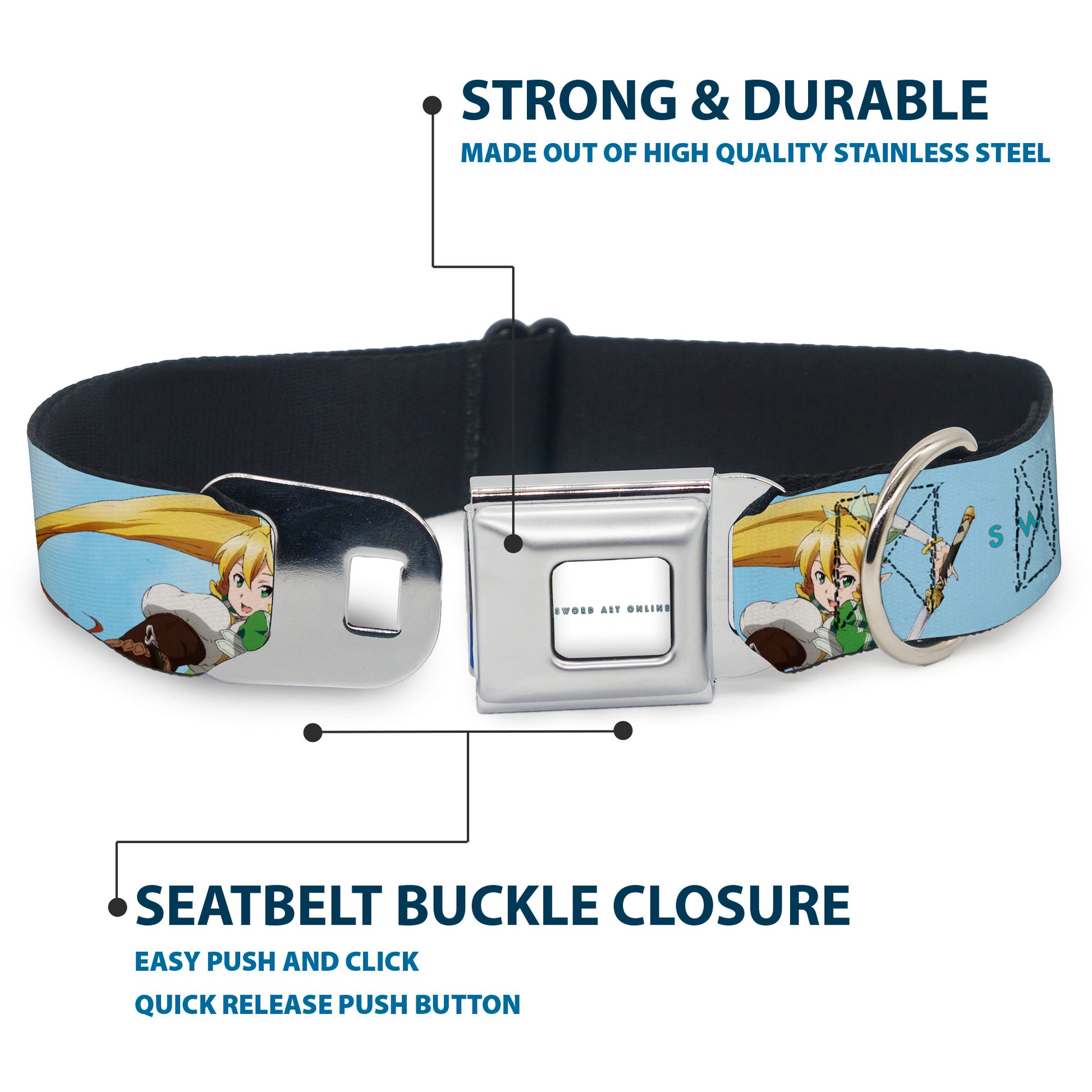 SWORD ART ONLINE Title Logo Full Color White/Blue Seatbelt Buckle Collar - SWORD ART ONLINE Leafa Joyeuse Pose and Title Logo Light Blue Seatbelt Buckle Collars Sword Art Online