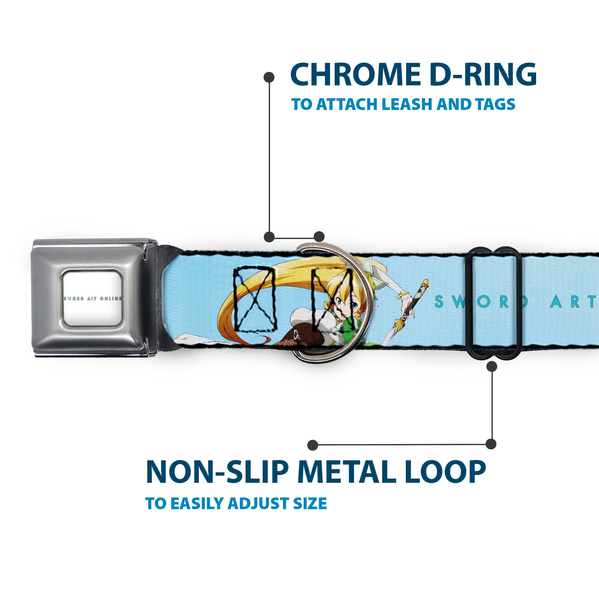 SWORD ART ONLINE Title Logo Full Color White/Blue Seatbelt Buckle Collar - SWORD ART ONLINE Leafa Joyeuse Pose and Title Logo Light Blue Seatbelt Buckle Collars Sword Art Online